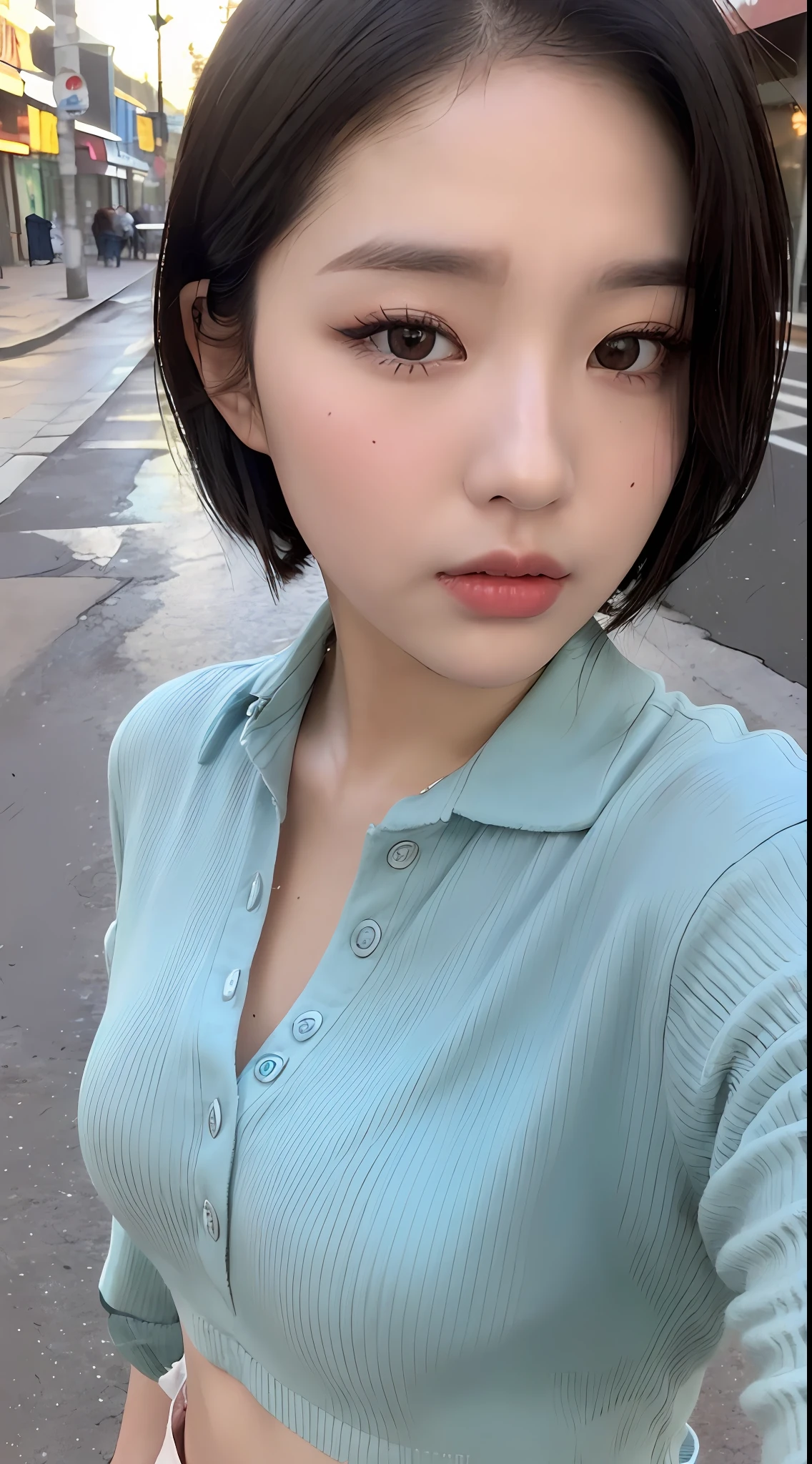 ((best qualtiy, 8K, tmasterpiece:1.3)), Sharp:1.2, perfect figure beautiful woman:1.4, Slim abs:1.2, ((Short hair in layers:1.2)), (Long shirt with wet white buttons：1.1），（Sateen，the street：1.2），Get wet：1.5，Highly detailed facial and skin texture，A detailed eye，二重まぶた，looks into camera，self-shot，