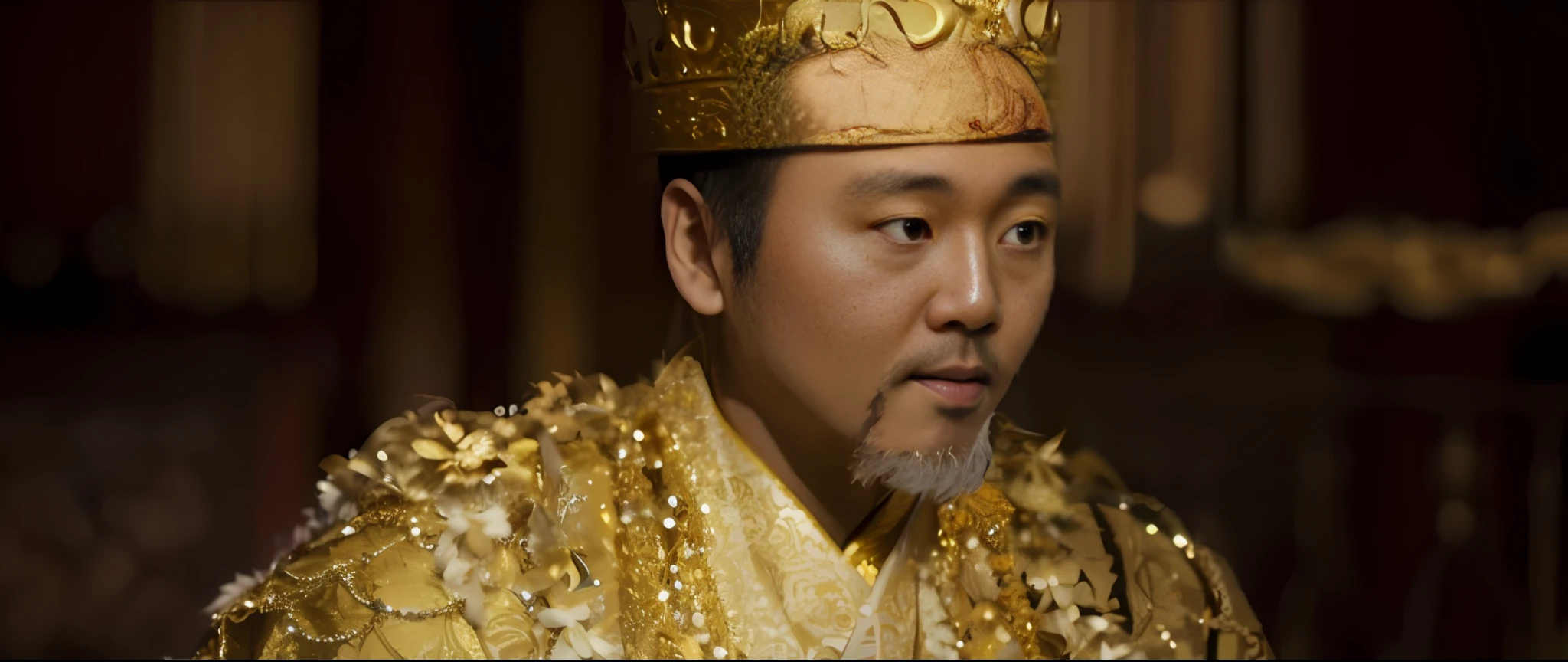 Close-up of a man wearing a golden crown and robes, inspired by Li Kan, inspired by Wu Bin, pan ren wei, Bo Feng, feng shu, wearing gilded robes, movie screencap, Inspired by Hu Zaobin, hua cheng, inspired by Wu Li, wearing gilded red robes, inspired by Li Gonglin, Bao Pnan