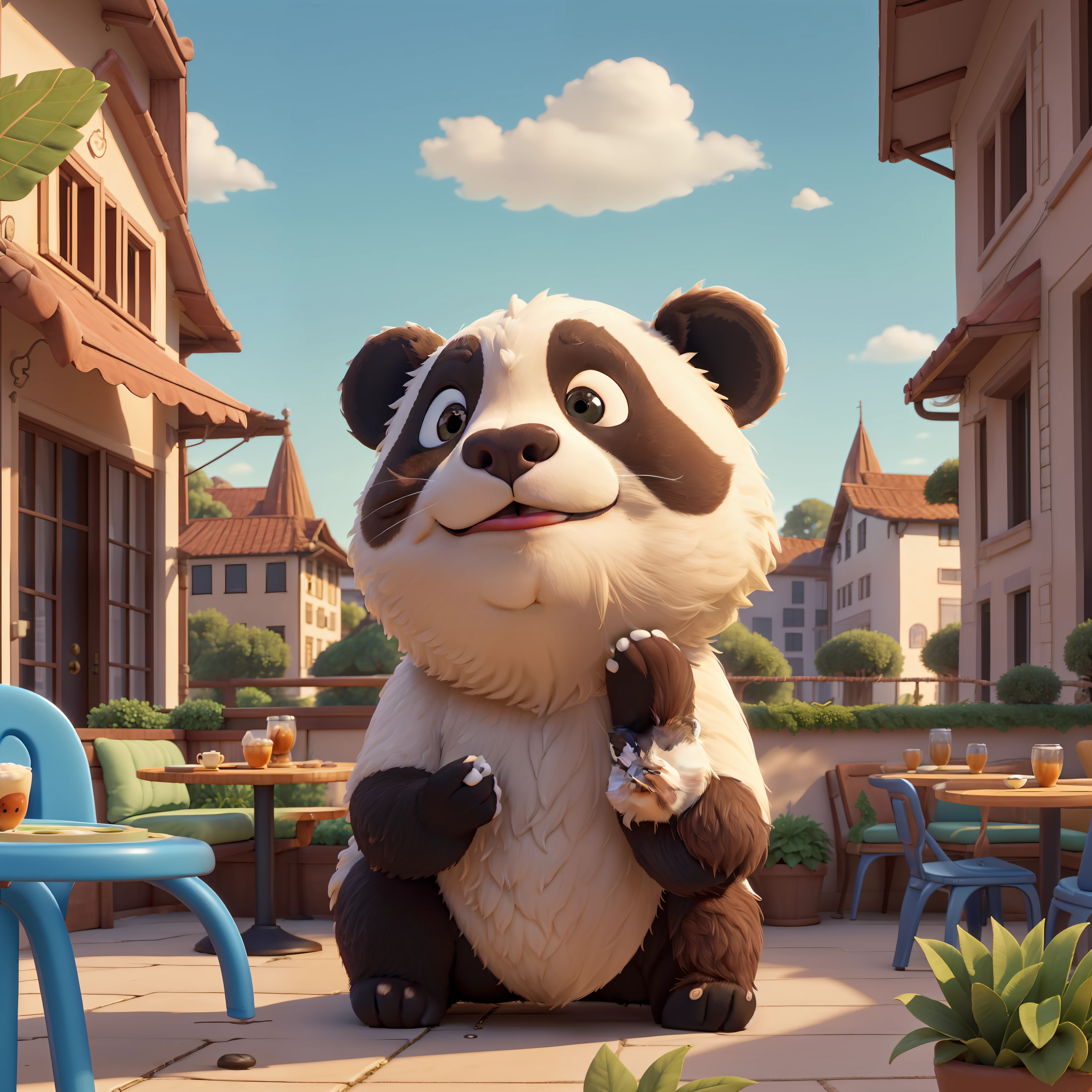 (cute panda:1.2), One face, One horse、ssmile, Bushy smooth coat、personification, Mushroom cap on the head, rendered:(charicature:1.3,Production Movie, the pose:(Lively:1.2, amusing), modeled:(ultra-quality:1.2,8K,Orthographic view), blue-sky, for the background(Morning Cafe Terrace:1.1),｛Complex and ultra-detailed, Giuseppe Arcimboldo｝