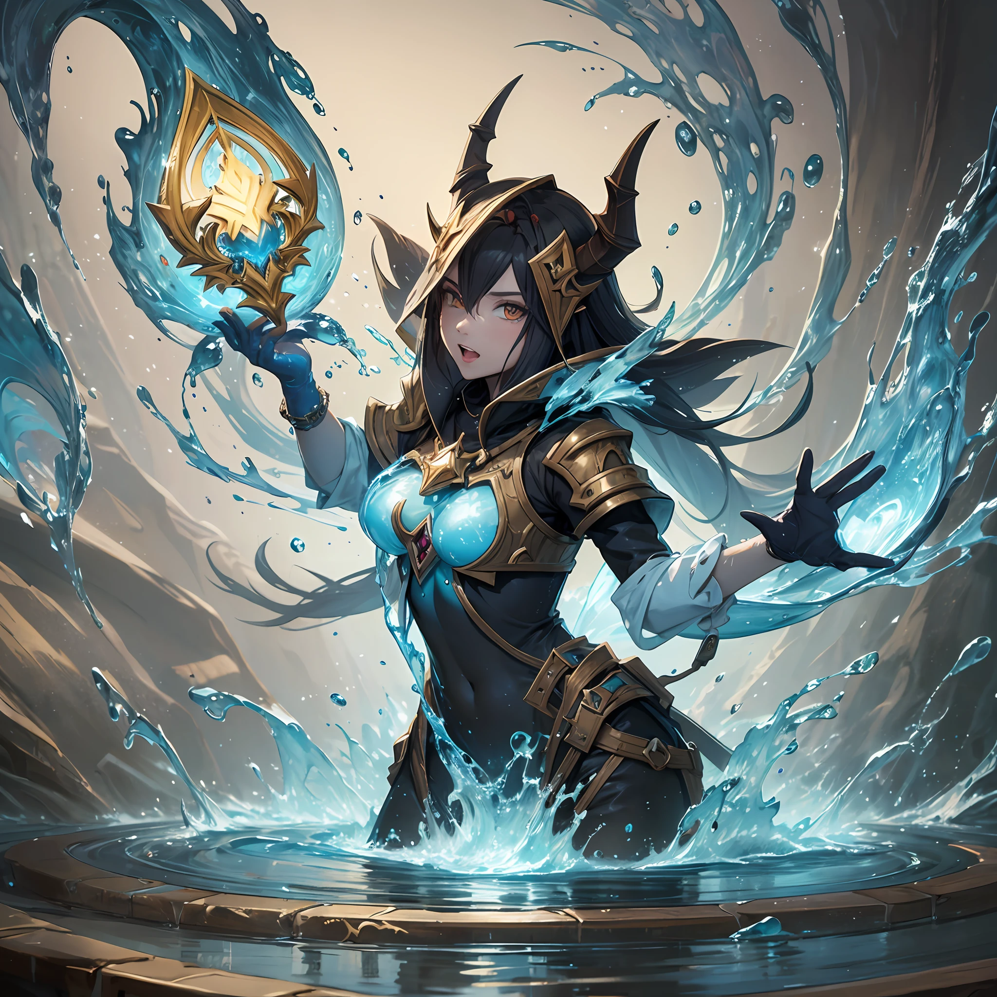 best qualtiy，tmasterpiece，Need，（（A sealed demon water magician）），guarding，Water surrounds，supporting，Hearthstone painting style，Funny expressions，Non-human（Soil attribute 1.2），Flattening（1.4），Textured，Dark simple background --auto --s2