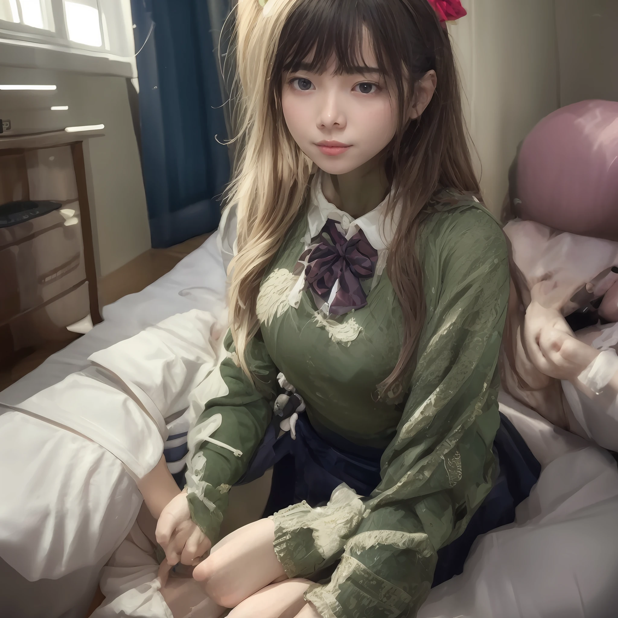 The girl sits on the bed,Wear a white shirt and blue skirt, Surrealism female students, Surrealism female students, Realistic schoolgirl, cute female student, ultrarealistic sweet bunny girl, small curvaceous loli, Anime girl cosplay, Anime girl in real life, sitting on her bed, Realistic young anime girl, Korean girl, seductive anime girls,tempting pose,blacksilk