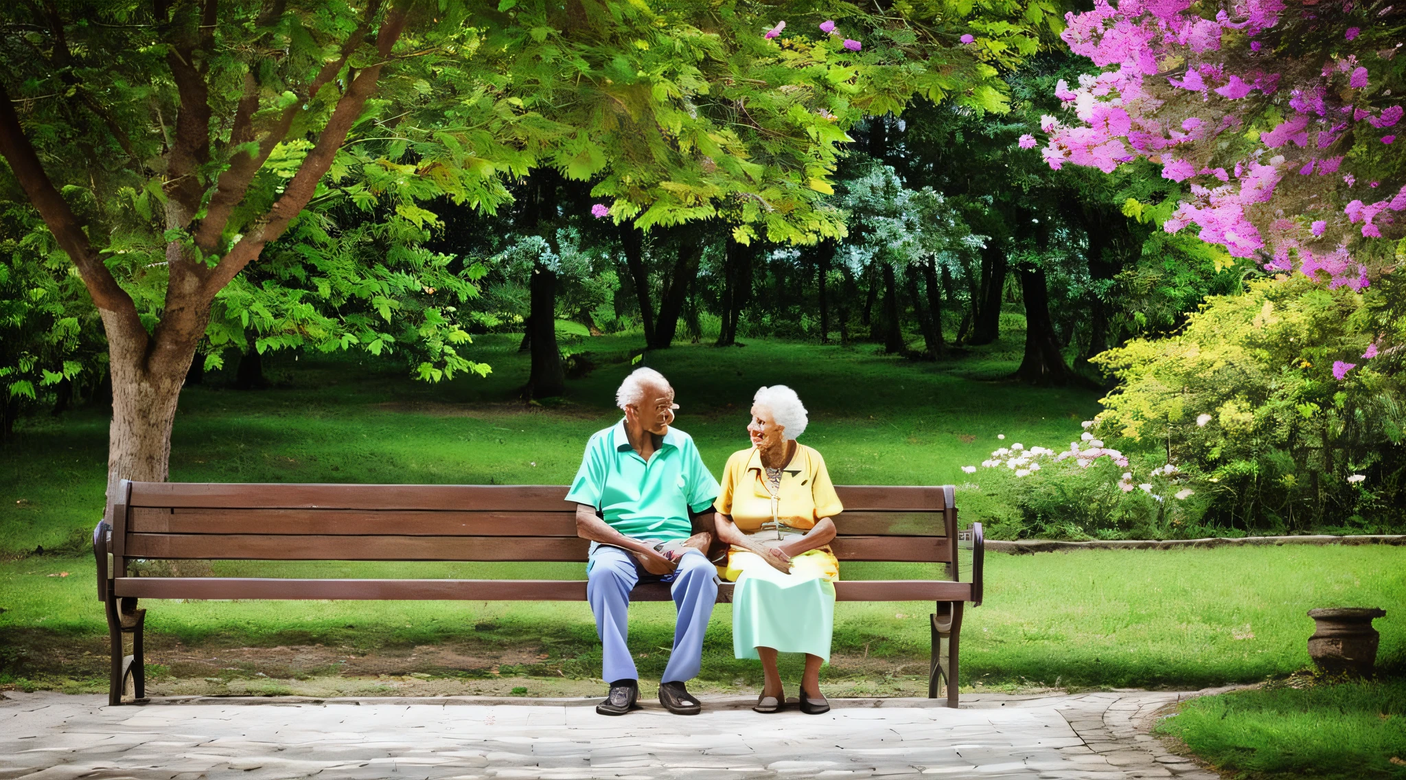 "Describe a scene of compassion and kindness, mostrando uma pessoa ajudando outra em um momento de dificuldade. A cena se passa em um parque, where an elderly person is sitting on a bench, parecendo cansada e desanimada. Ao lado dela, uma pessoa jovem, com um olhar gentil e um sorriso acolhedor, se aproxima e oferece ajuda. The young person holds the hand of the elderly person carefully, transmitindo conforto e apoio. The scene is illuminated by a soft and welcoming light, creating an atmosphere of compassion and kindness. Ao redor, you can see leafy trees, colorful flowers and singing birds, representing the beauty of generosity and mutual care. The image should convey the message that small acts of kindness can make a big difference in someone's life, showing the importance of reaching out and helping those who are going through difficult times. A cena deve ser repleta de empatia e ternura, representing the transformative power of compassion.” --auto