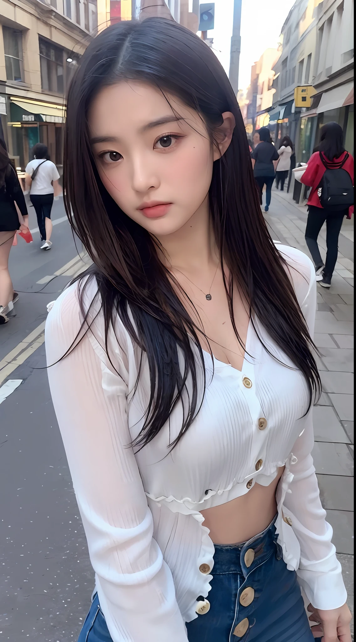 ((best qualtiy, 8k, tmasterpiece:1.3)), sharp:1.2, perfect figure beautiful woman:1.4, Slim abs:1.2, ((Layered Hair Style:1.2)), (Long shirt with wet white buttons:1.1),(Sateen,the street:1.2),Get wet:1.5,Highly detailed facial and skin texture,A detailed eye,二重まぶた,looks into camera