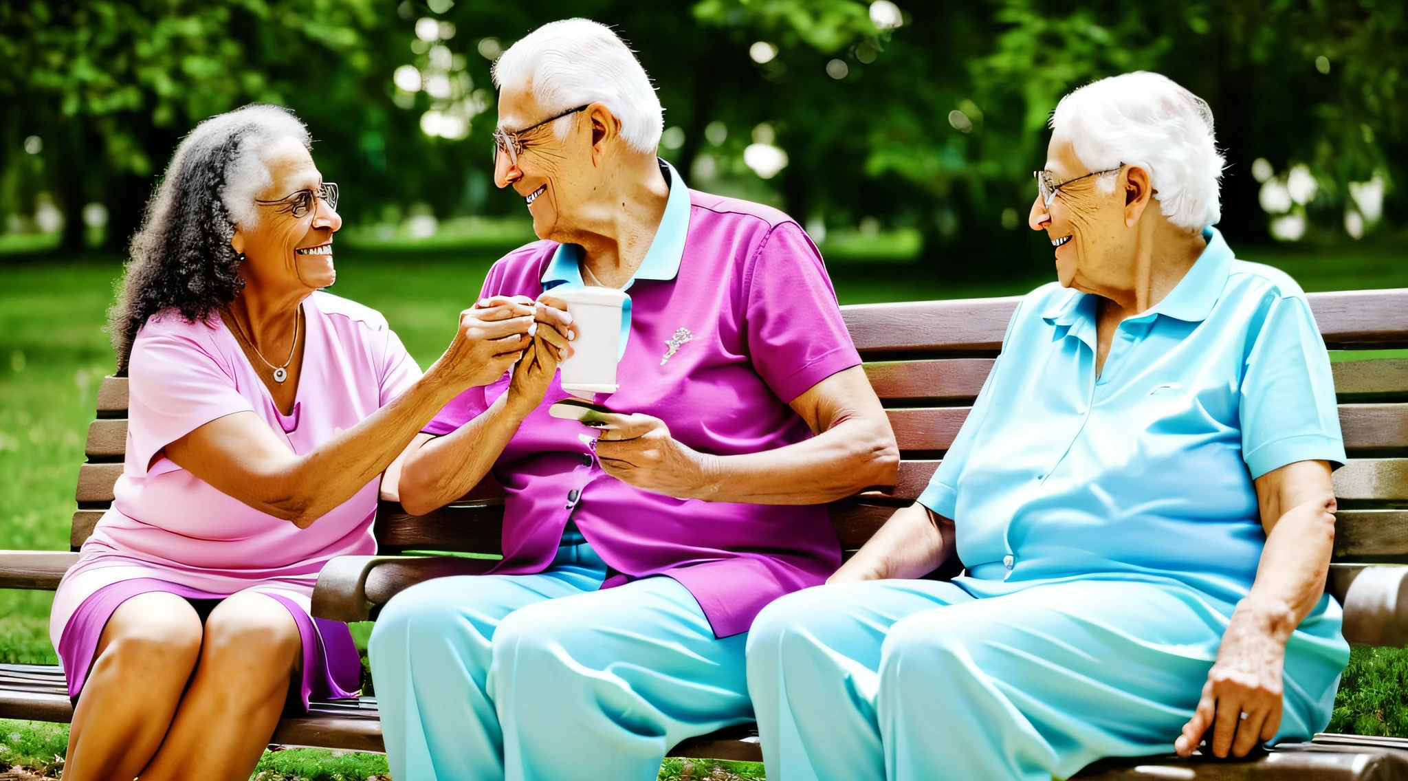 "Describe a scene of compassion and kindness, mostrando uma pessoa ajudando outra em um momento de dificuldade. A cena se passa em um parque, where an elderly person is sitting on a bench, parecendo cansada e desanimada. Ao lado dela, uma pessoa jovem, com um olhar gentil e um sorriso acolhedor, se aproxima e oferece ajuda. The young person holds the hand of the elderly person carefully, transmitindo conforto e apoio. The scene is illuminated by a soft and welcoming light, creating an atmosphere of compassion and kindness. Ao redor, you can see leafy trees, colorful flowers and singing birds, representing the beauty of generosity and mutual care. The image should convey the message that small acts of kindness can make a big difference in someone's life, showing the importance of reaching out and helping those who are going through difficult times. A cena deve ser repleta de empatia e ternura, representing the transformative power of compassion.” --auto