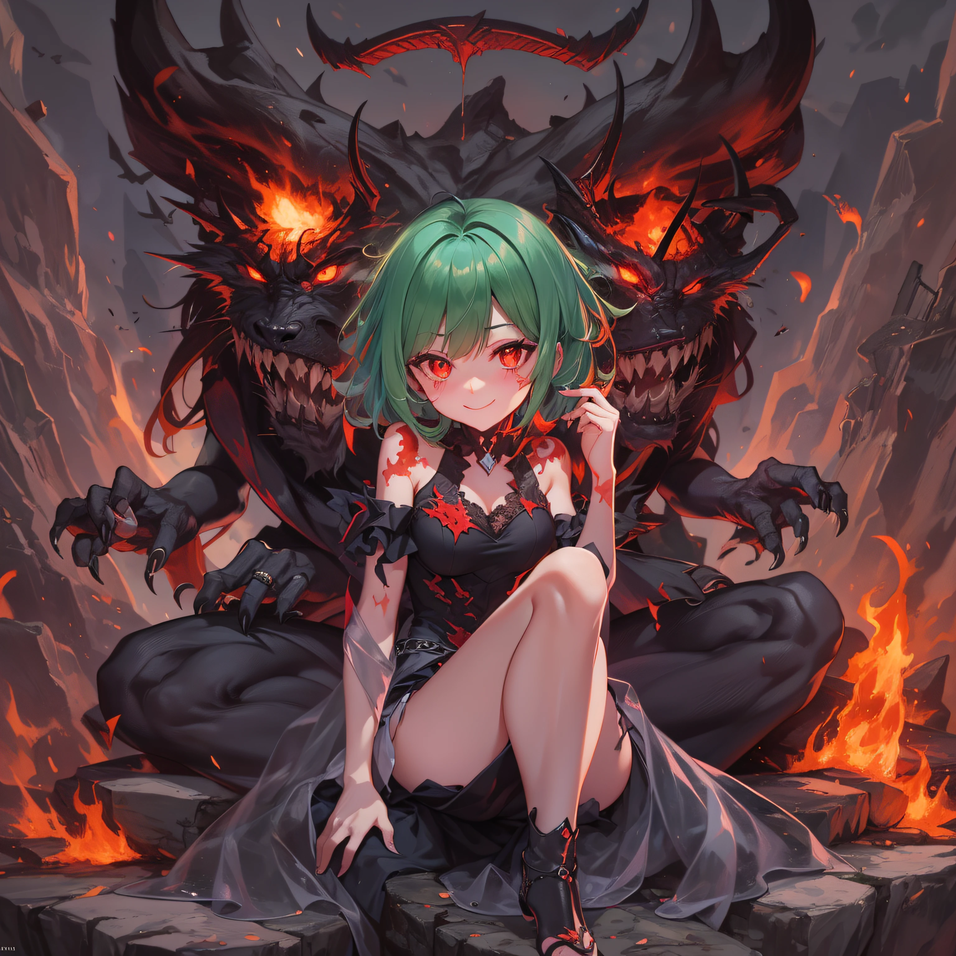 The woman, sitting on a rock with a demon on her head, demon anime girl, Demon Girl Green Hair, red-eyes, Fire in the background, A demon on the shoulder, Sinister smile, to be in hell.