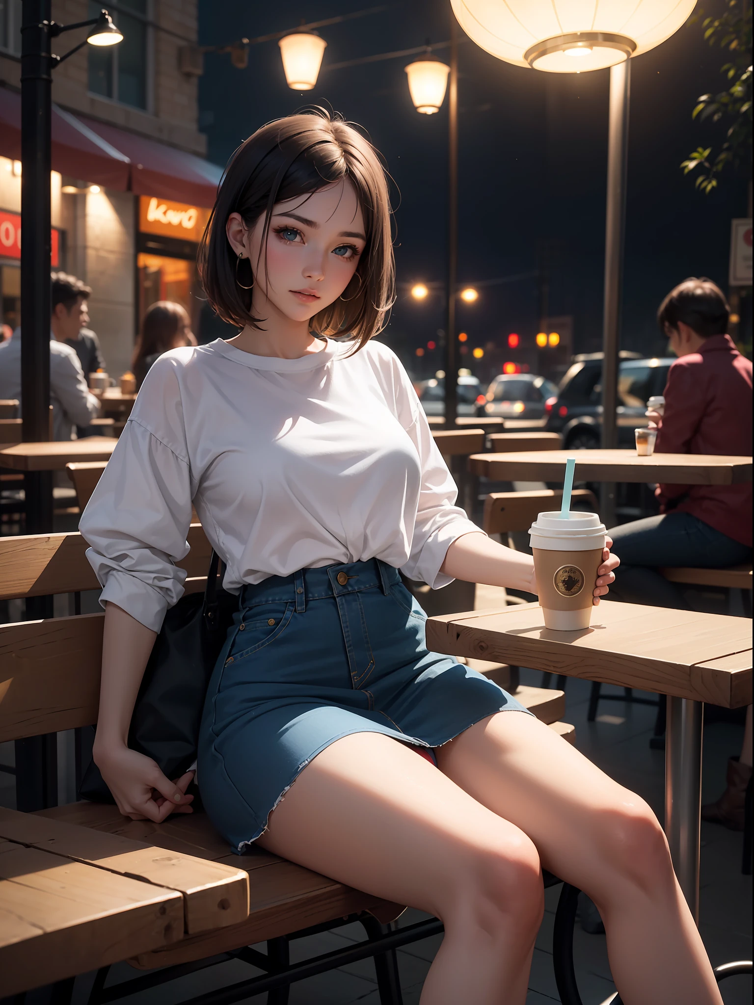 tmasterpiece，Best quality at best，highers，1girll，beauitful face，（（best qualtiy））， （（tmasterpiece））， （A detailed：1.4），（（full bodyesbian）），Enhanced dynamic perspective，（beautiful sexy girl，short detailed hair，Denim long skirt，Sitting in a street coffee shop，drinking a coffee），kawa，（Lunette de soleil），Come to me，Future sci-fi city street，Egg-shaped building，（（Lateral face）），Street photography，Bright colors，nighttime scene，high qulity，super-fine，Detailed pubic hair，Accurate，Cinematic lighting，face_focus，（Announcer），（NSFW）