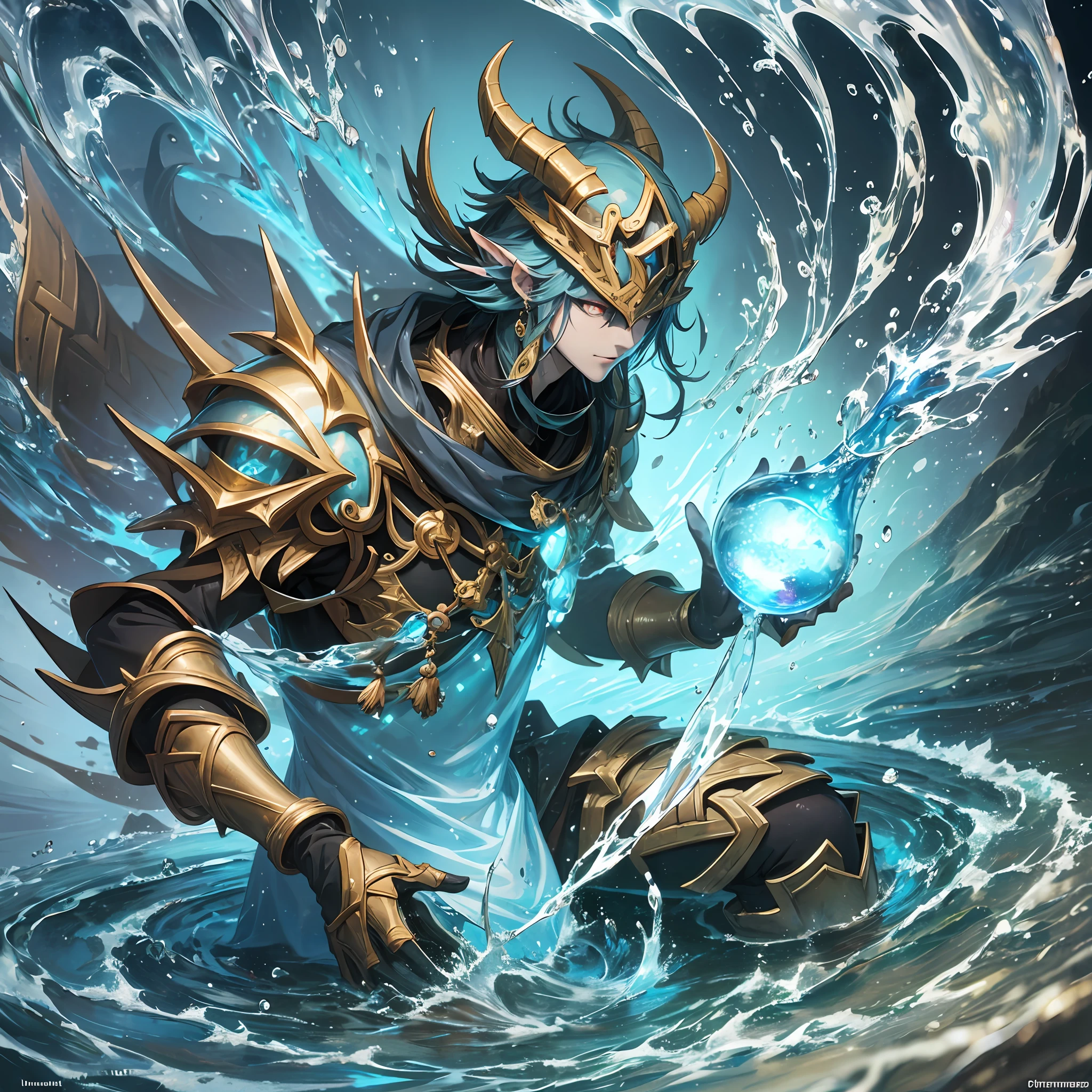 best qualtiy，tmasterpiece，Need，（（A sealed demon water magician）），guarding，Water surrounds，supporting，Hearthstone painting style，Funny expressions，Non-human（Soil attribute 1.2），Flattening（1.4），Textured，Dark simple background --auto --s2