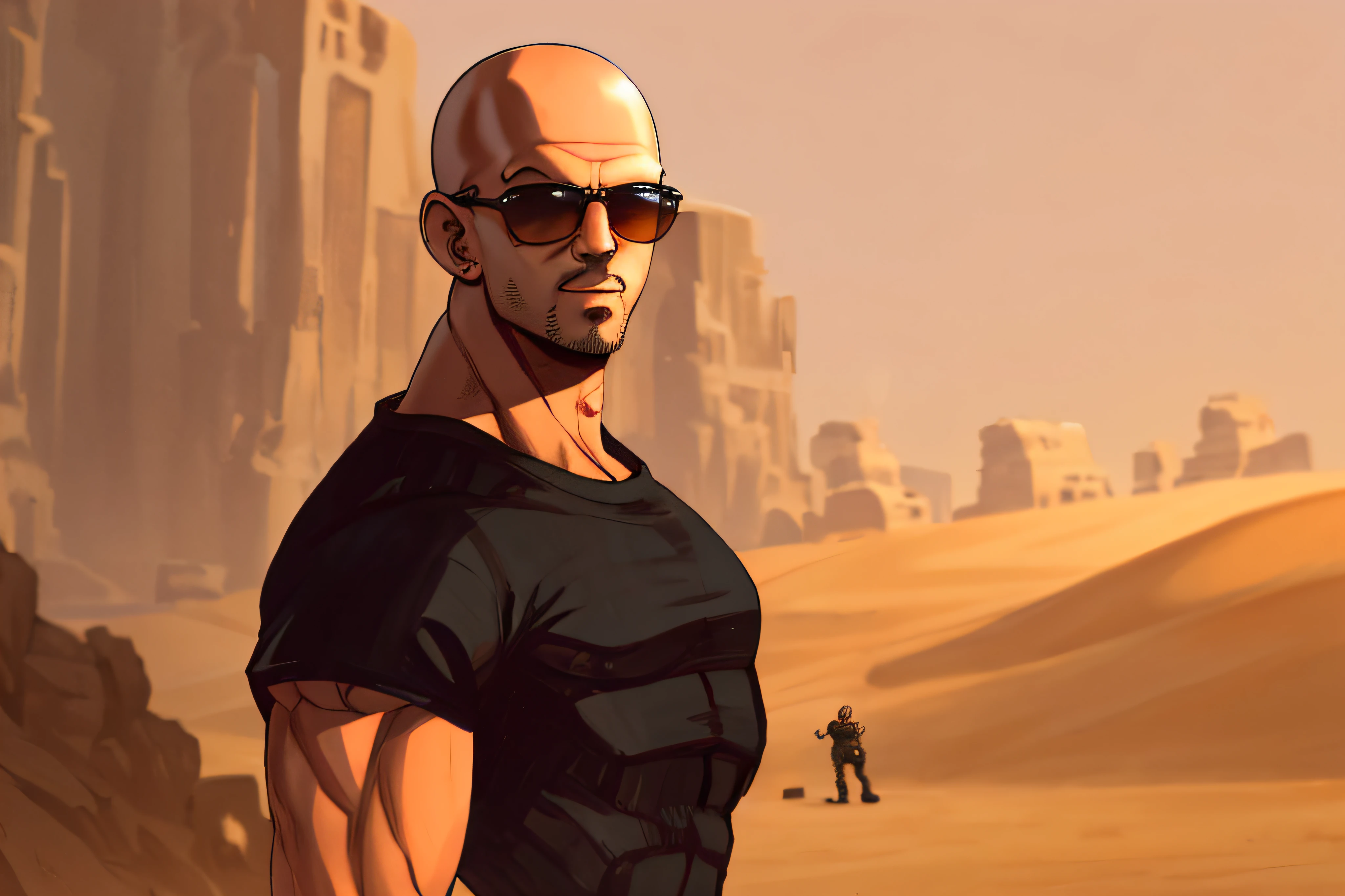 arafed man with sunglasses and a black shirt standing in a desert, inspired by Daryush Shokof, dominic toretto, kane from command & conquer, muscular bald man, bald with short beard, bald head and menacing look, vin diesel with a tummy, vin diesel, no hair completely bald, masterpice, adar darnov