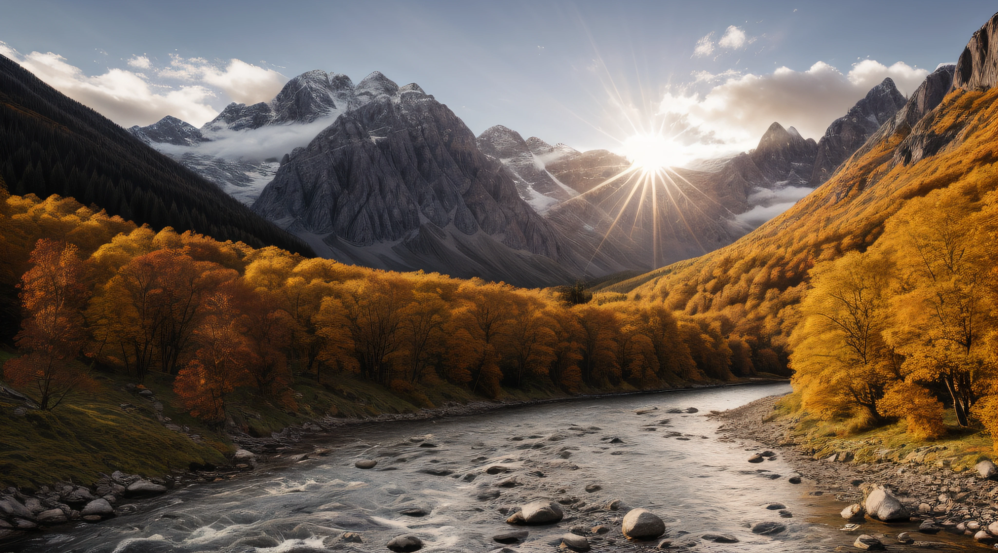 detailed background, masterpiece, best quality, scenery, mountains, river, forest, sun, day, clouds