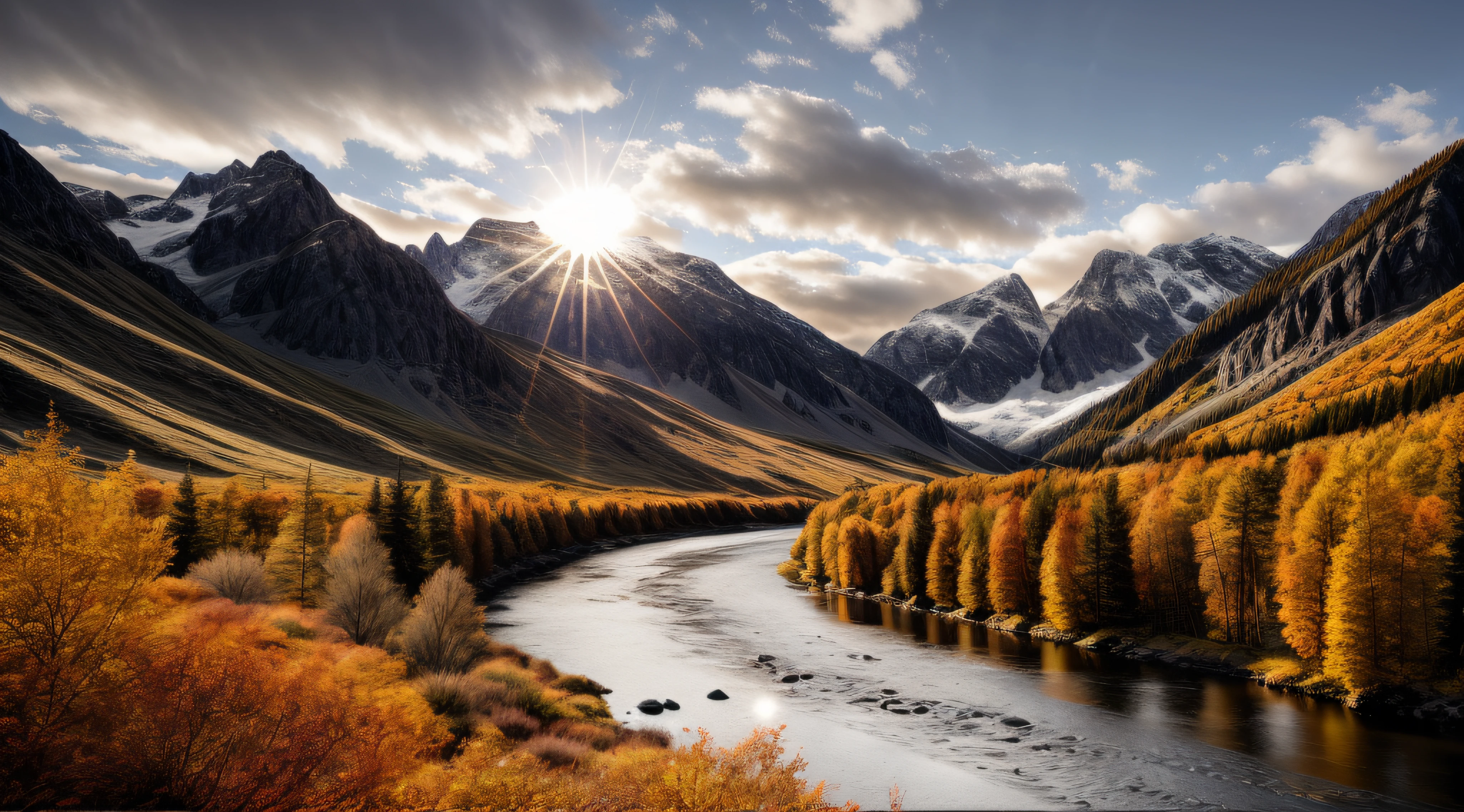 detailed background, masterpiece, best quality, scenery, mountains, river, forest, sun, day, clouds