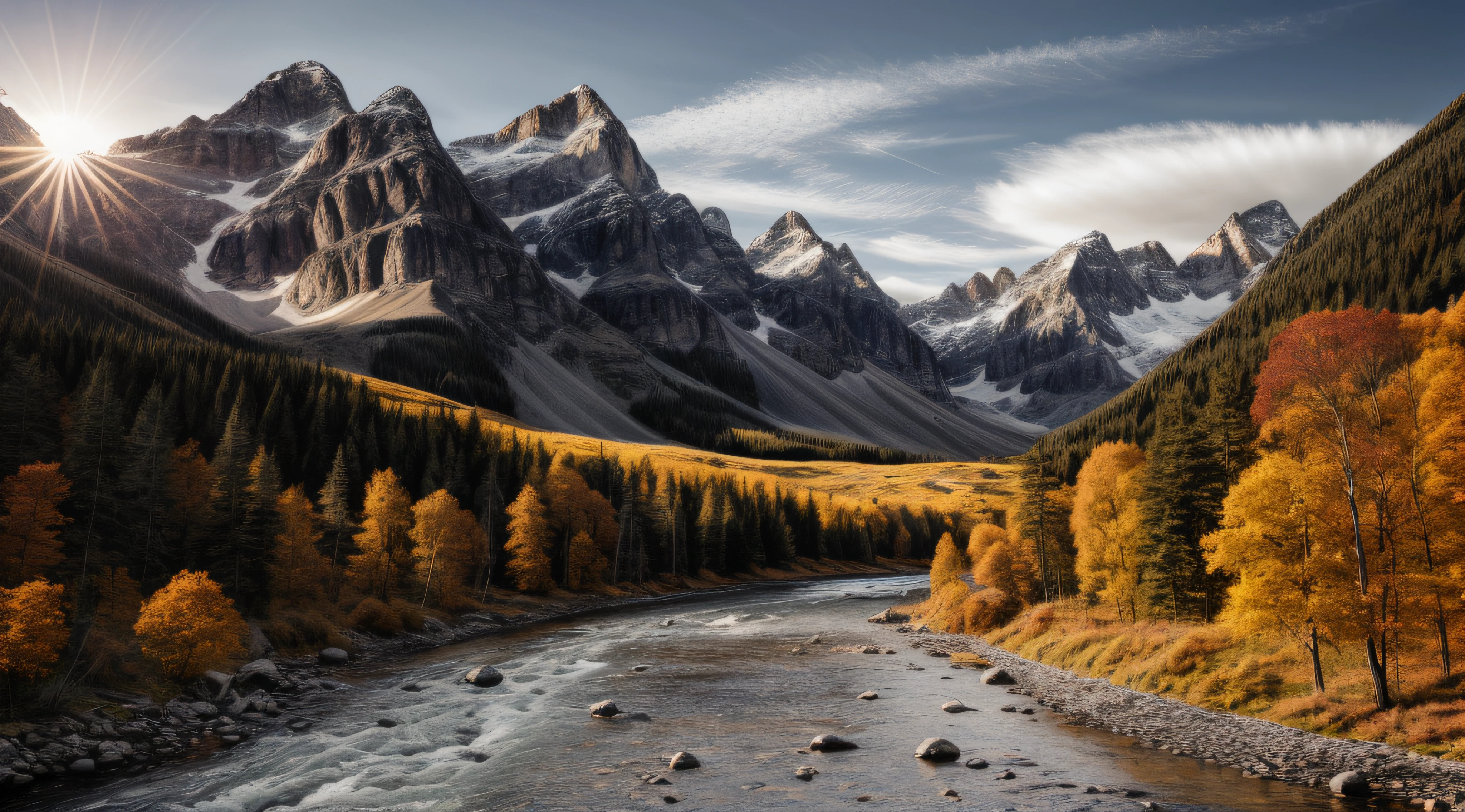 detailed background, masterpiece, best quality, scenery, mountains, river, forest, sun, day, clouds