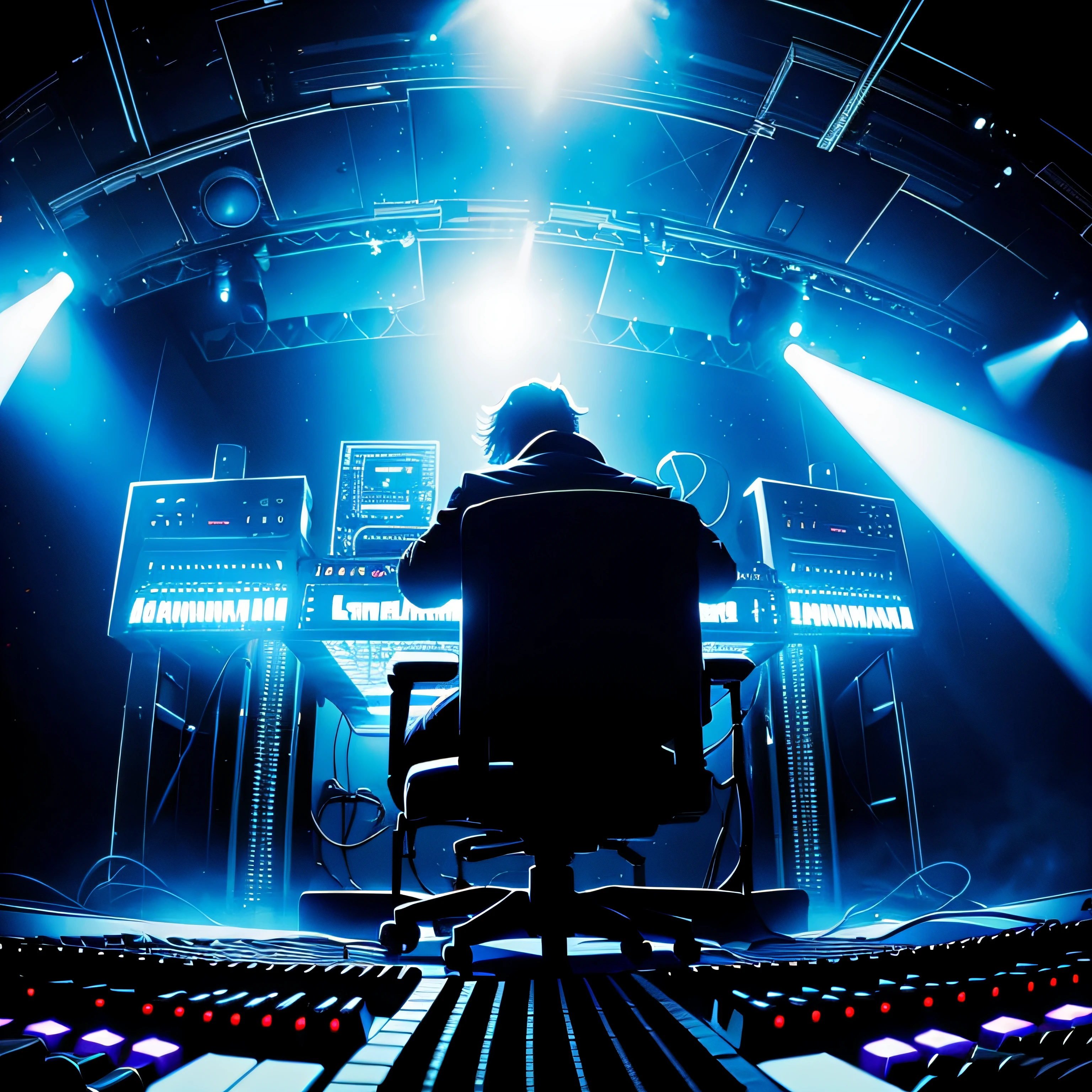 Two synthesizer bass keyboards facing each other on large empty smokey stage with one man silhouette between keyboards. closeup wide angle. cinematographic --auto