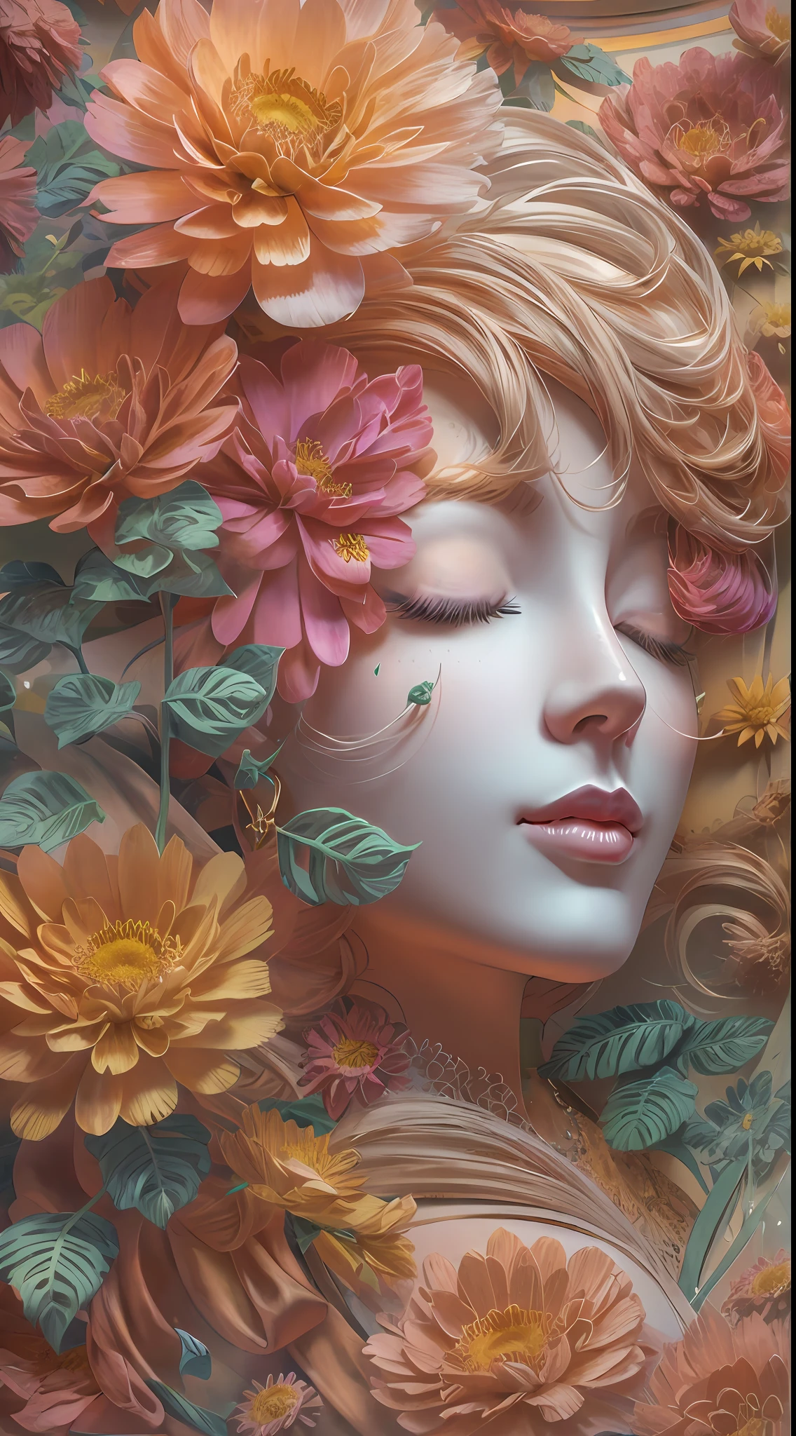 illustration: 1.3), paper art, 3D rendering of, Colorful background, (Beautiful side face, closing her eyes: 1.3), (Rose: 1.2) (chrysanthemums: 1.2), Colorful, Best quality, Detailed details, Masterpiece, offcial art, movie light effect, 4K, Chiaroscuro , Flash