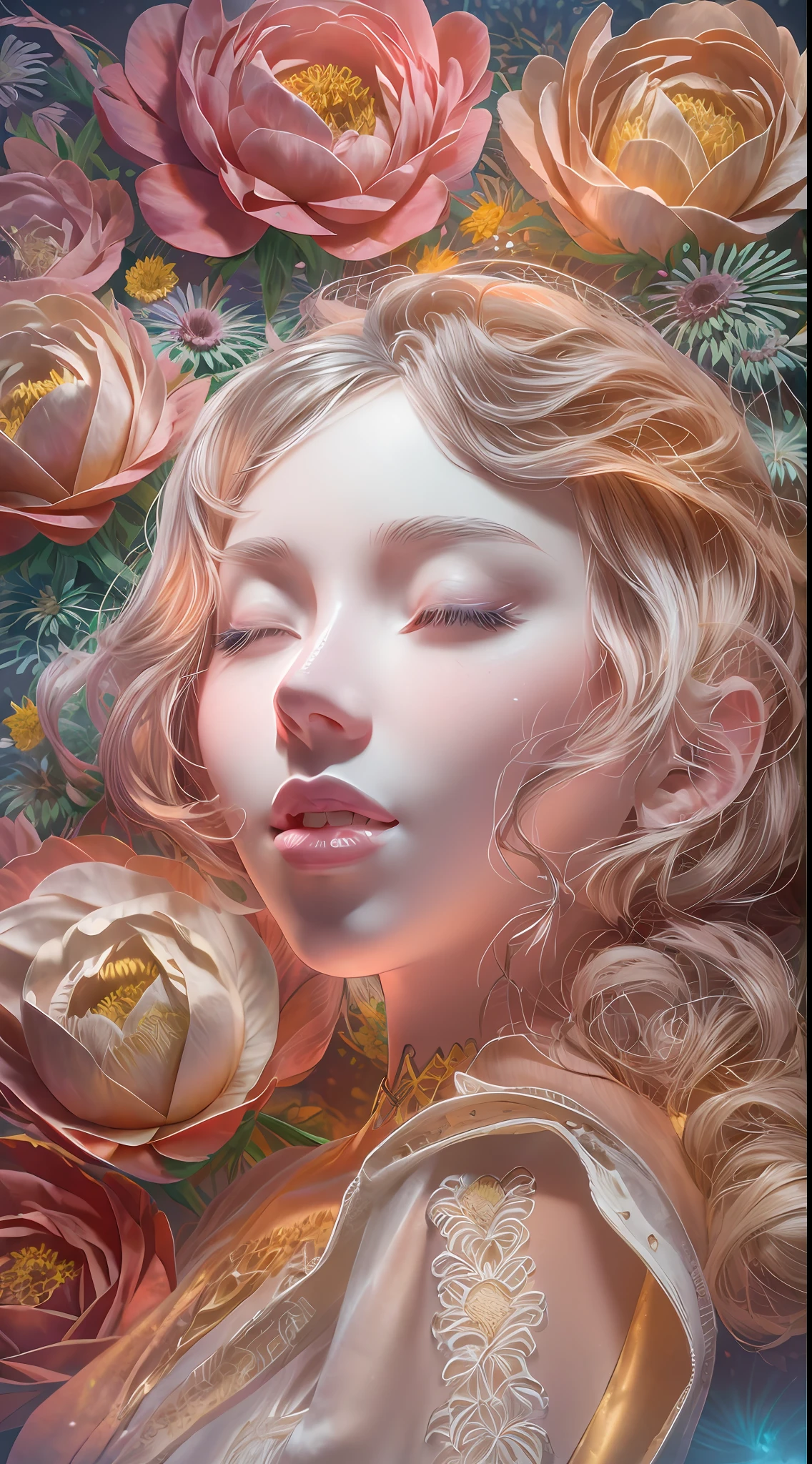 illustration: 1.3), paper art, 3D rendering of, Colorful background, (Beautiful side face, closing her eyes: 1.3), (Rose: 1.2) (chrysanthemums: 1.2), Colorful, Best quality, Detailed details, Masterpiece, offcial art, movie light effect, 4K, Chiaroscuro , Flash