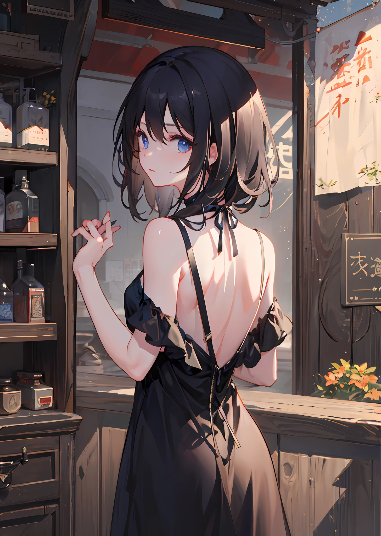The best boutique,Cai Xukun's,Black clothes,White straps,looking at me with her back,Iron Mountain Back。