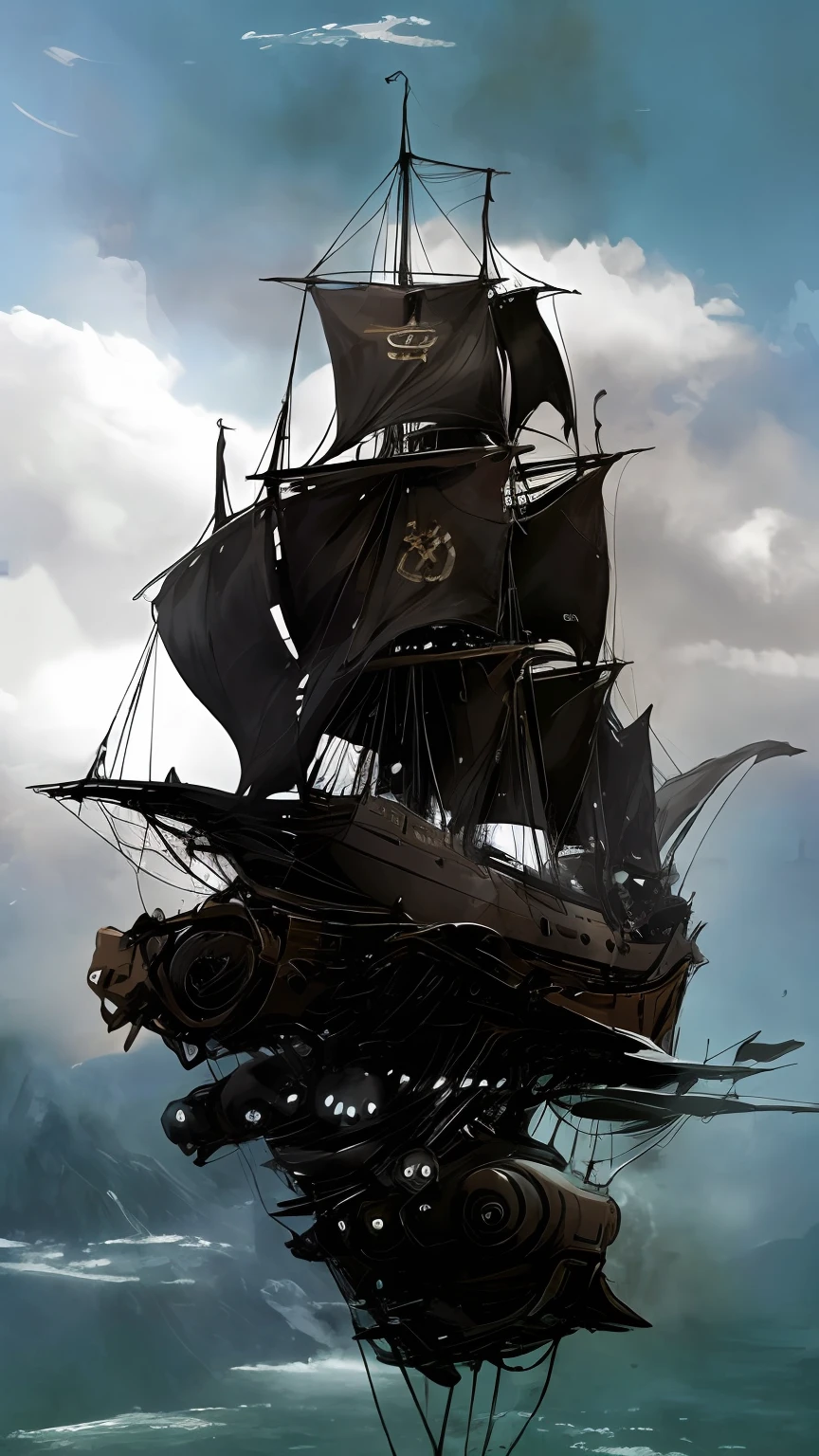 There is a big boat that is floating on the water, gothic ship on ocean, an impossibly huge pirate ship, velas rotas, Viejo barco pirata, barco pirata, Arte conceptual altamente realista, barco destruido, barcos piratas, Antoine Collignon, owl, dramatic concept art, The Flying Dutchman, Impresionante foto arte conceptual real