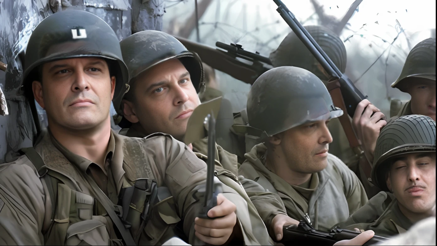 soldados em uma fila com fuzis e capacetes em, Salvando o soldado Ryan, War Film Dinner, Band of Brothers, Soldados, several soldiers, cena do Filme close up, jaqueta de metal completa, Filmed from the cinematographs, Soldados dos EUA, 1/30, of a cinematic scene., Cor ainda, # Film, ww 2, ww 2, editing, dougherty patrick, cena complexa