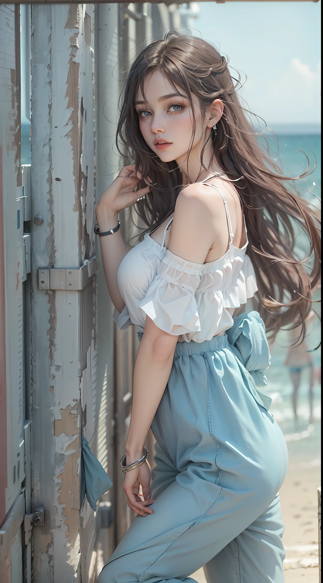 Best Quality, Masterpiece, Ultra High Resolution, (Realistic: 1.4), Original Photo, (Evening Street), 1 Girl, Blue Eyes, Long Hair, Light Makeup, Lips, Small Ears, Beautiful Woman in Perfect Shape: 1.4, (Outdoor, Seaside: 1.1), The Beach, Super Fine Face, Fine Eyes, Double Eyelids, Full Body, gymnasium scene, No panties, Slim female body, Beautyfull face, small breasts