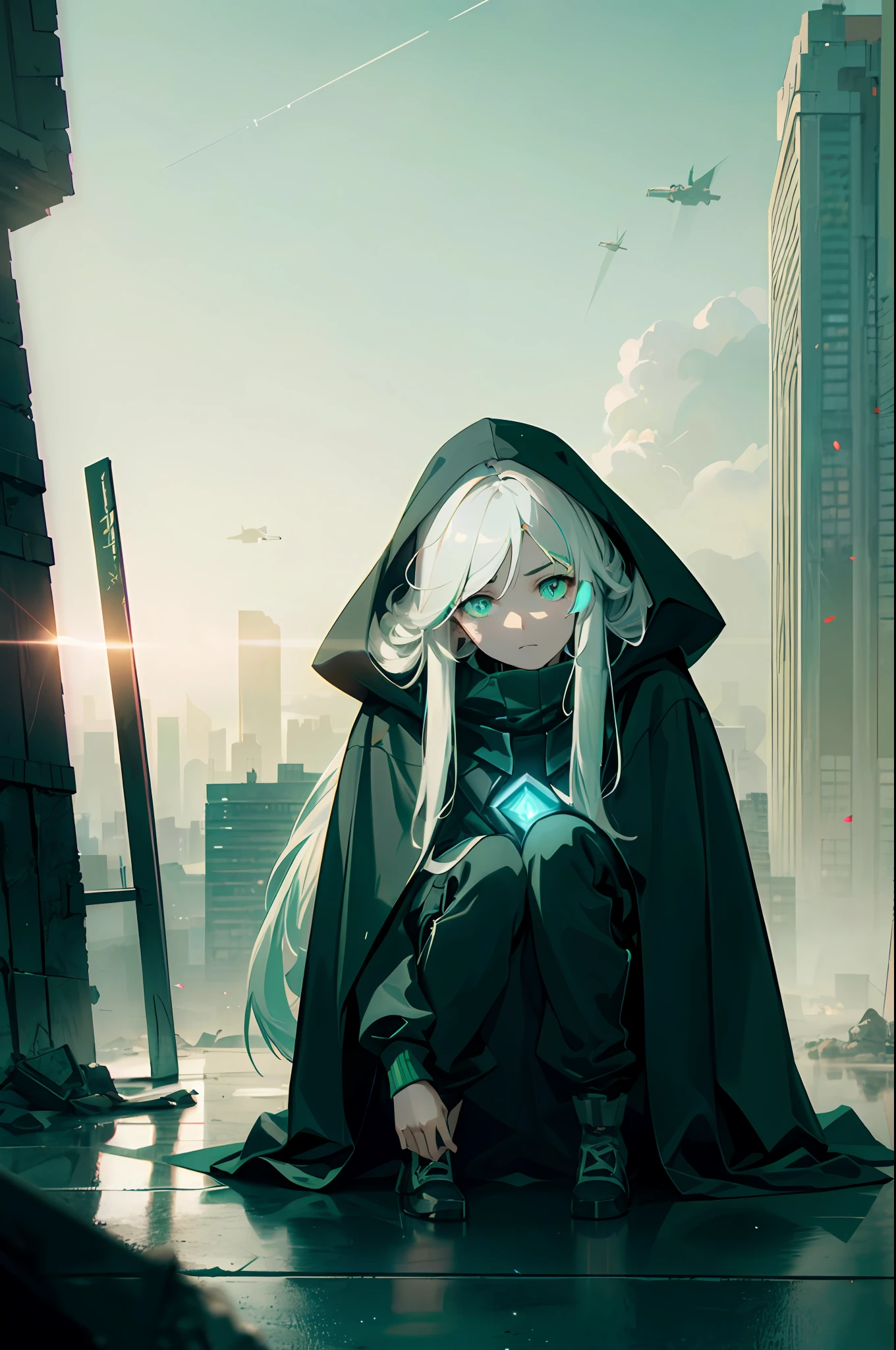 Smoke, (war:1.5), postapocalypse, ((Green Dawn:1.3)), Green sky, green light, The ruined backdrop of the city, ((spaceship in the sky)), science-fiction, (shapely body: 1.4), a 1girl, sitting on the rubble of a building, (Long white hair:1.4), (Cyan eyes:1.2), (Detailed eyes and face:1.5), Black pants, black big sweatshirt, hood, Cyberpunk clothes, (clothes in black and white colors), black cloak, city   of the future, Sad look, bruises under the eyes, Destroyed skyscrapers, Wire, HDR (High Dynamic Range), ray traced, NVIDIA RTX, Over-resolution, Unreal 5, sub-surface Scattering, текстурирование PBR, postprocessed, Anisotropic filtering, Depth of field, Maximum clarity and sharpness, Multi-layer Textures, Albedo and specular maps, Surface shading,  Accurate Light-Material Interaction Simulation, Octane rendering, duotone lighting, Low ISO, White balance, the rule of thirds, Wide aperture, 8K RAW, efficient sub-pixel, sub-pixel convolution, (luminescent particles: 1.4), {{tmasterpiece, beste-Qualit, extremely detailed CGI, Unity 8k壁纸, 3d, 电影灯光, lens flares}},