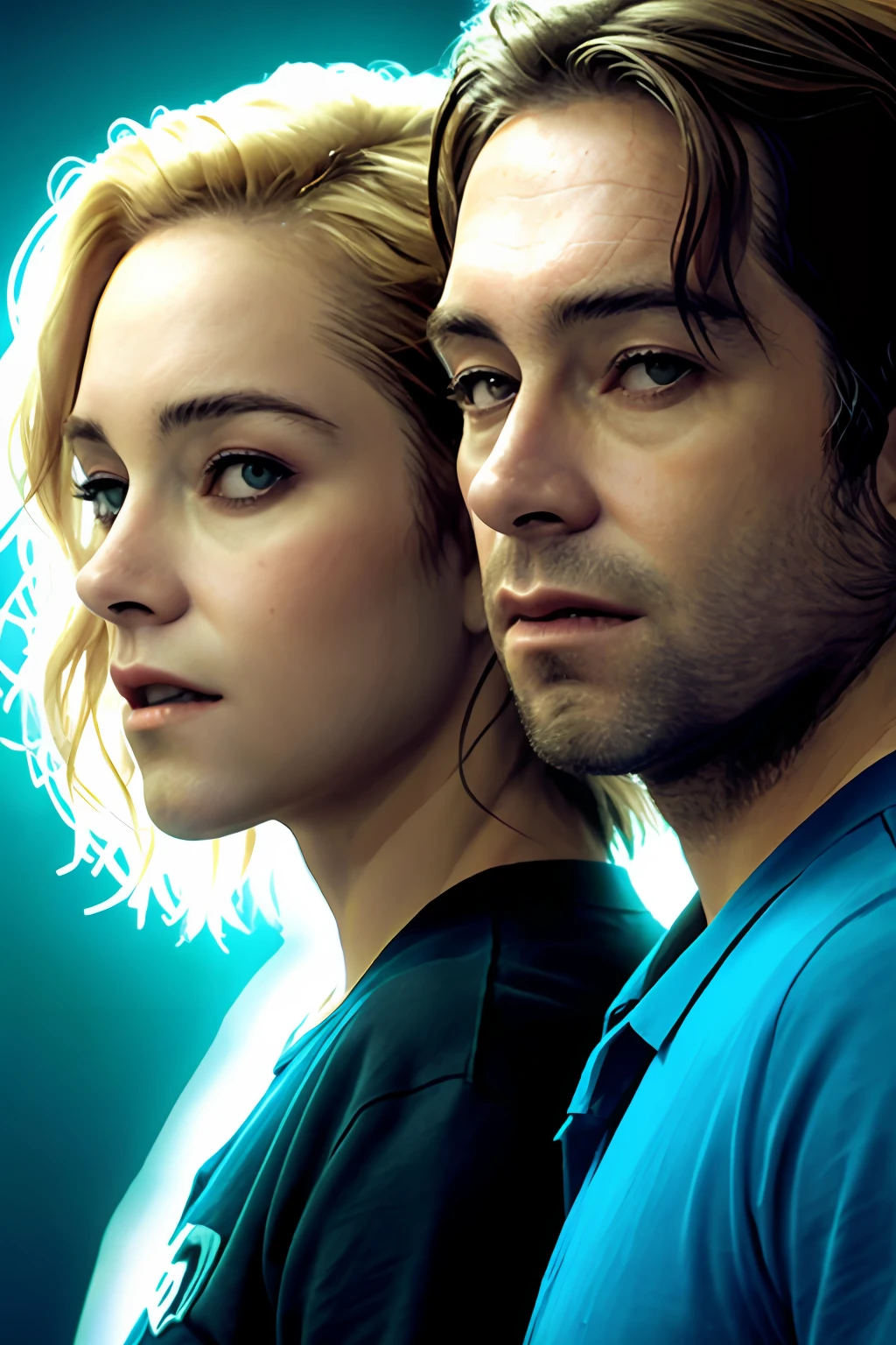 Javier Bardem de camisa branca com Kristen Stewart. Com roupas dos anos 70. rim lighting,: 1.4) dual-tone lighting, foco nítido, Blue-oil hue, octanagem, irreal, mal iluminado, chave baixa.