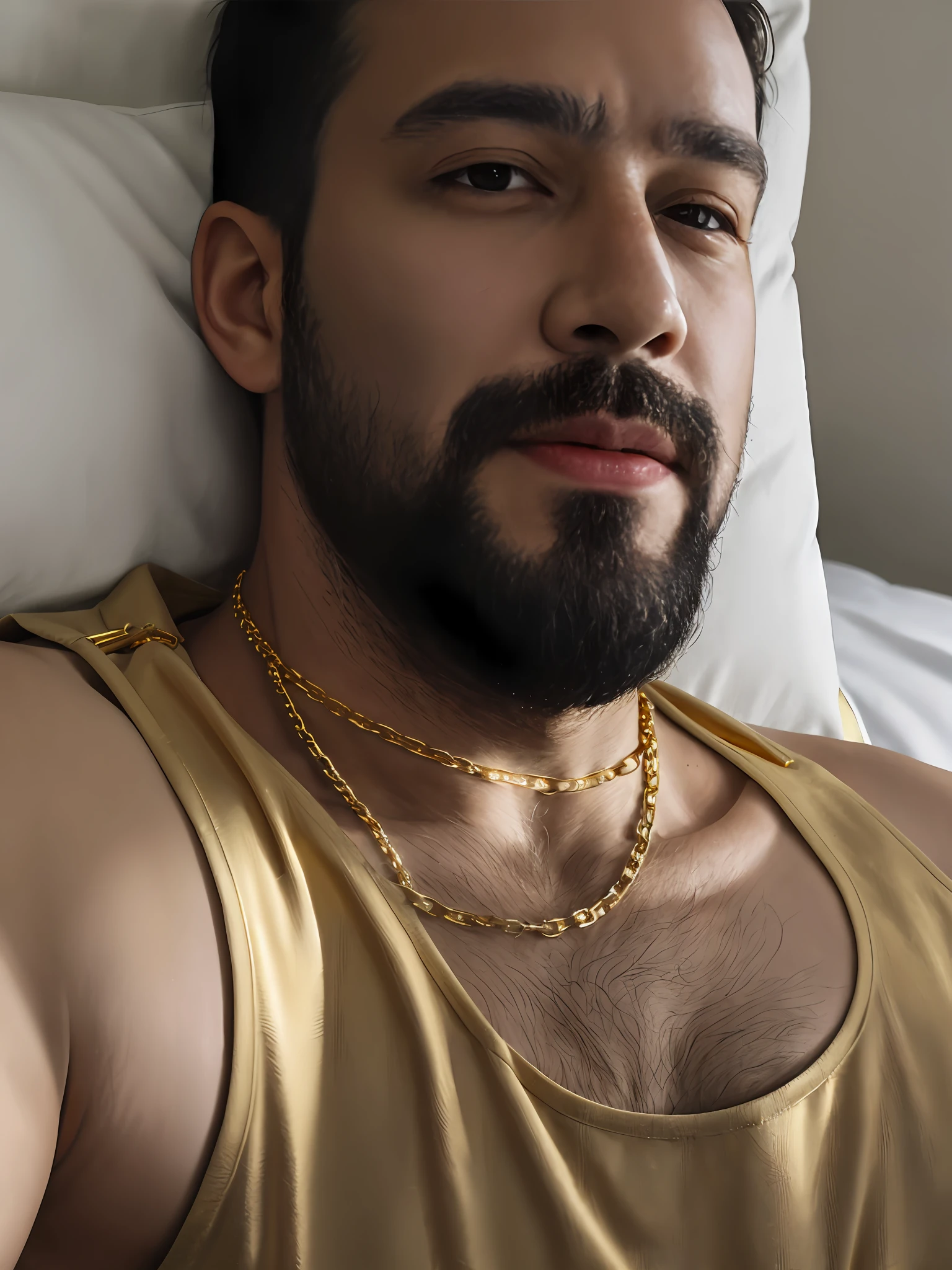 arafed man with a beard laying on a bed with a pillow, wearing gold chain, wearing a gold chain, 4 0 years old man, about 3 , wearing a chain, (38 years old), 3 6 years old bandana and chain, taken in the early 2020s, 45 years old men