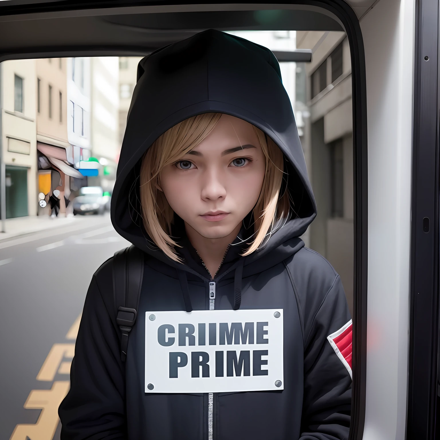 a man in a hoodie holding a sign that says "What is a crime?", anime man in real life, hyper realistic anime, modern cyberpunk anime, photorealistic anime, anime cosplay, anime style mixed with fujifilm, cyberpunk man in hoodie, realistic anime, anime man of the future, anime man cosplay, realistic anime 3 d style, anime cyberpunk