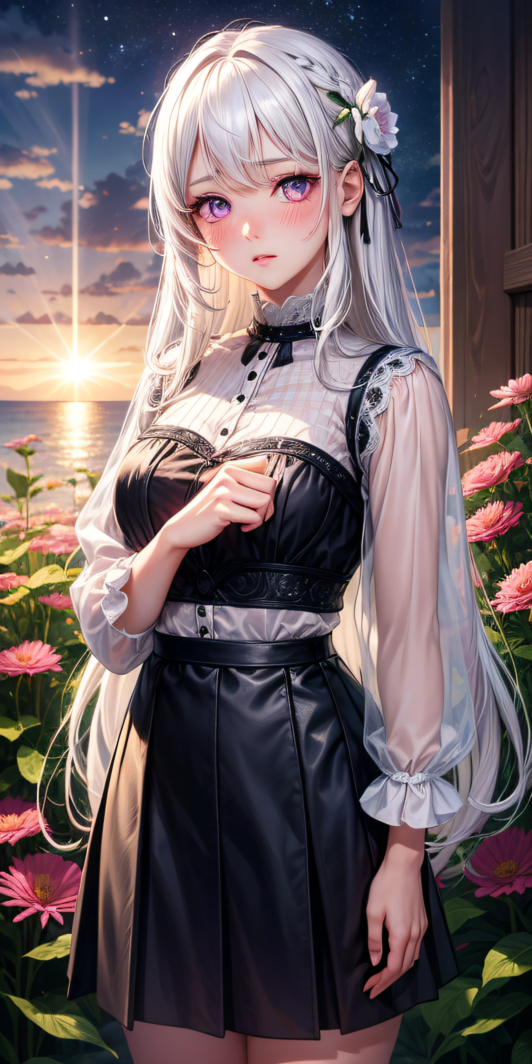 realistic, 1girl, white hair, purple eyes, glowing eyes, top, skirt, parted lips, blush, night, flowers, sun, sunlight, cute, kawaii, digital art, finely detailed eyes, embarrassed expression, long_hair, blushing, (highly detailed 8k wallpaper), best resolution, very_long_hair, masterpiece,