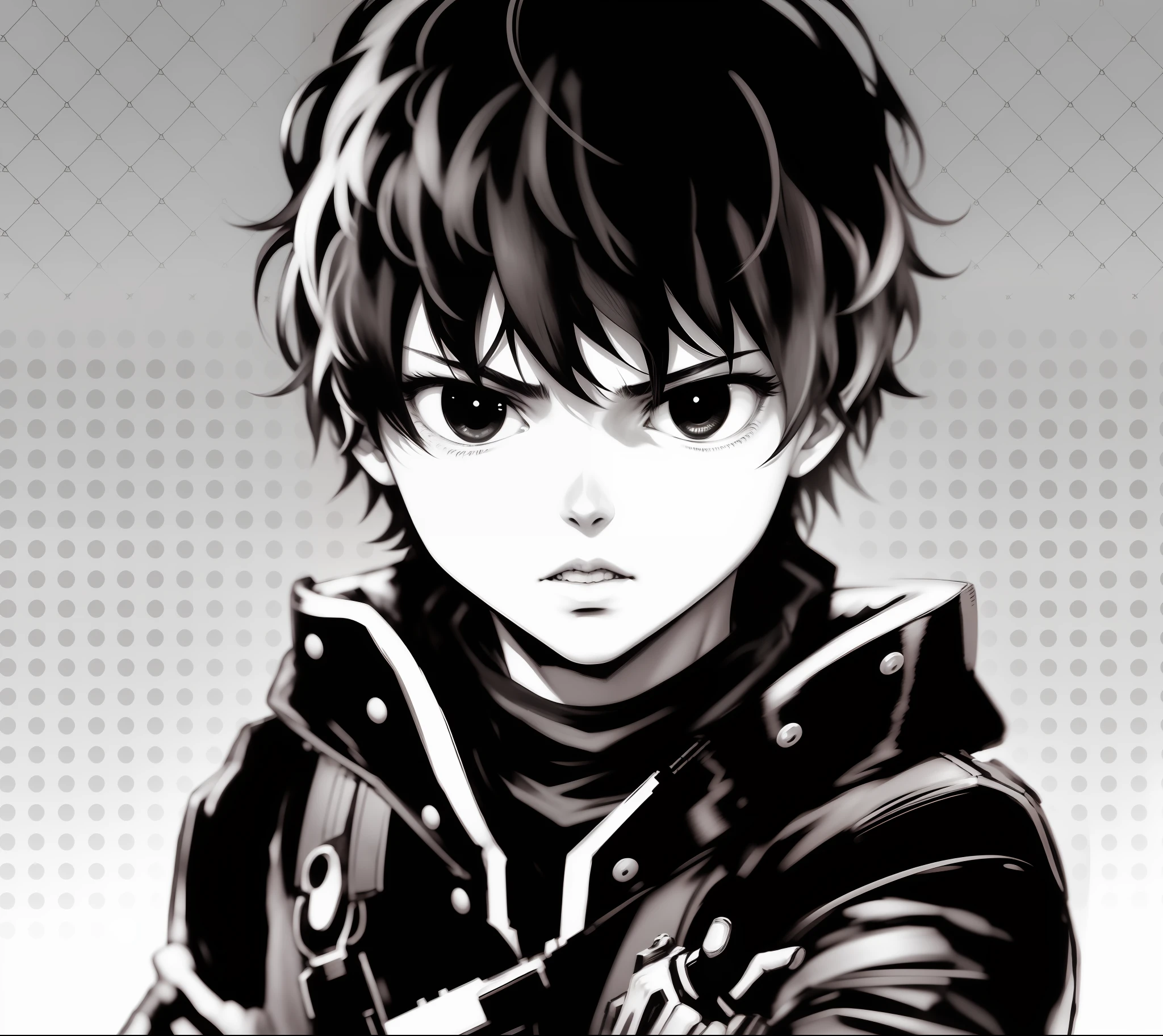 Anime boy with black hair and leather jacket with gun, in berserk manga, nobutaka ike, genos, seinen manga portrait, kentaro miura manga art style, black and white manga style, berserk manga, comic strip》, Manhwa Style, manga style of kentaro miura, berserk art style, Black and white comics