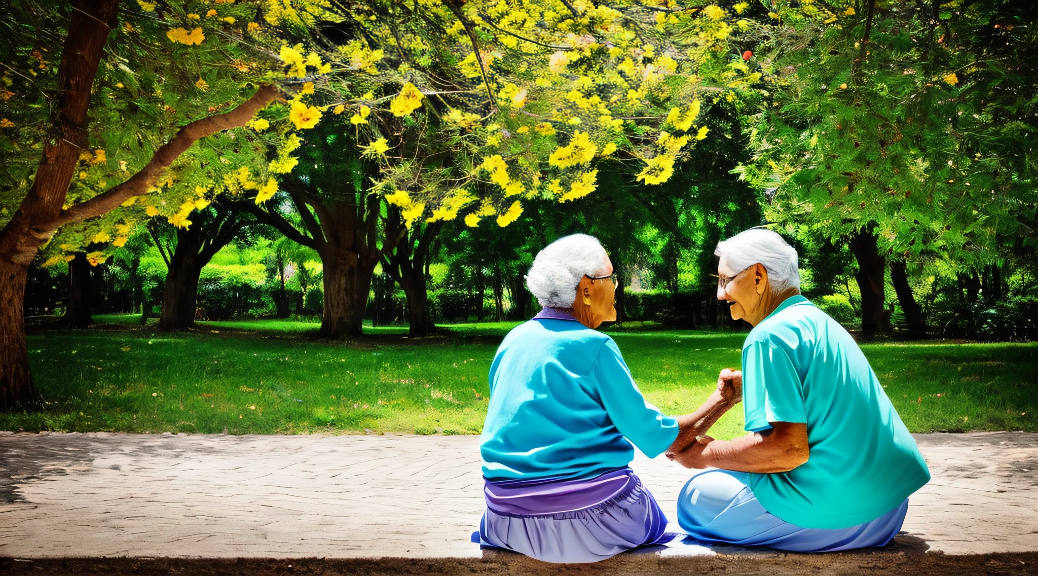 "Describe a scene of compassion and kindness, mostrando uma pessoa ajudando outra em um momento de dificuldade. A cena se passa em um parque, where an elderly person is sitting on a bench, parecendo cansada e desanimada. Ao lado dela, uma pessoa jovem, com um olhar gentil e um sorriso acolhedor, se aproxima e oferece ajuda. The young person holds the hand of the elderly person carefully, transmitindo conforto e apoio. The scene is illuminated by a soft and welcoming light, creating an atmosphere of compassion and kindness. Ao redor, you can see leafy trees, colorful flowers and singing birds, representing the beauty of generosity and mutual care. The image should convey the message that small acts of kindness can make a big difference in someone's life, showing the importance of reaching out and helping those who are going through difficult times. A cena deve ser repleta de empatia e ternura, representing the transformative power of compassion.” --auto