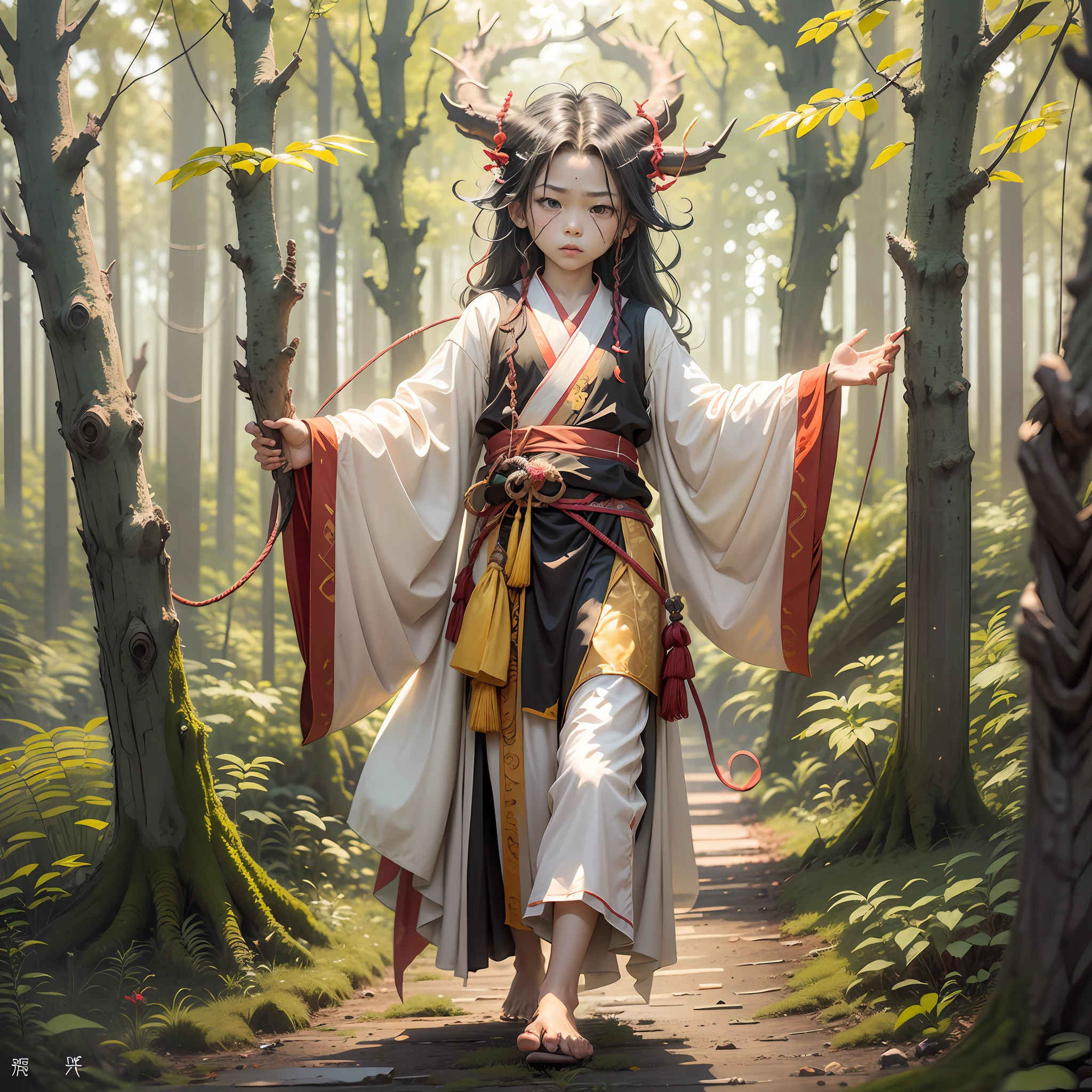 Eight-year-old boy,Dragon horns grow on the forehead,Amber pupils,Dressed in Hanfu,Human face,long whitr hair,Barefoot,The ankle is tied with a red cord,at a forest