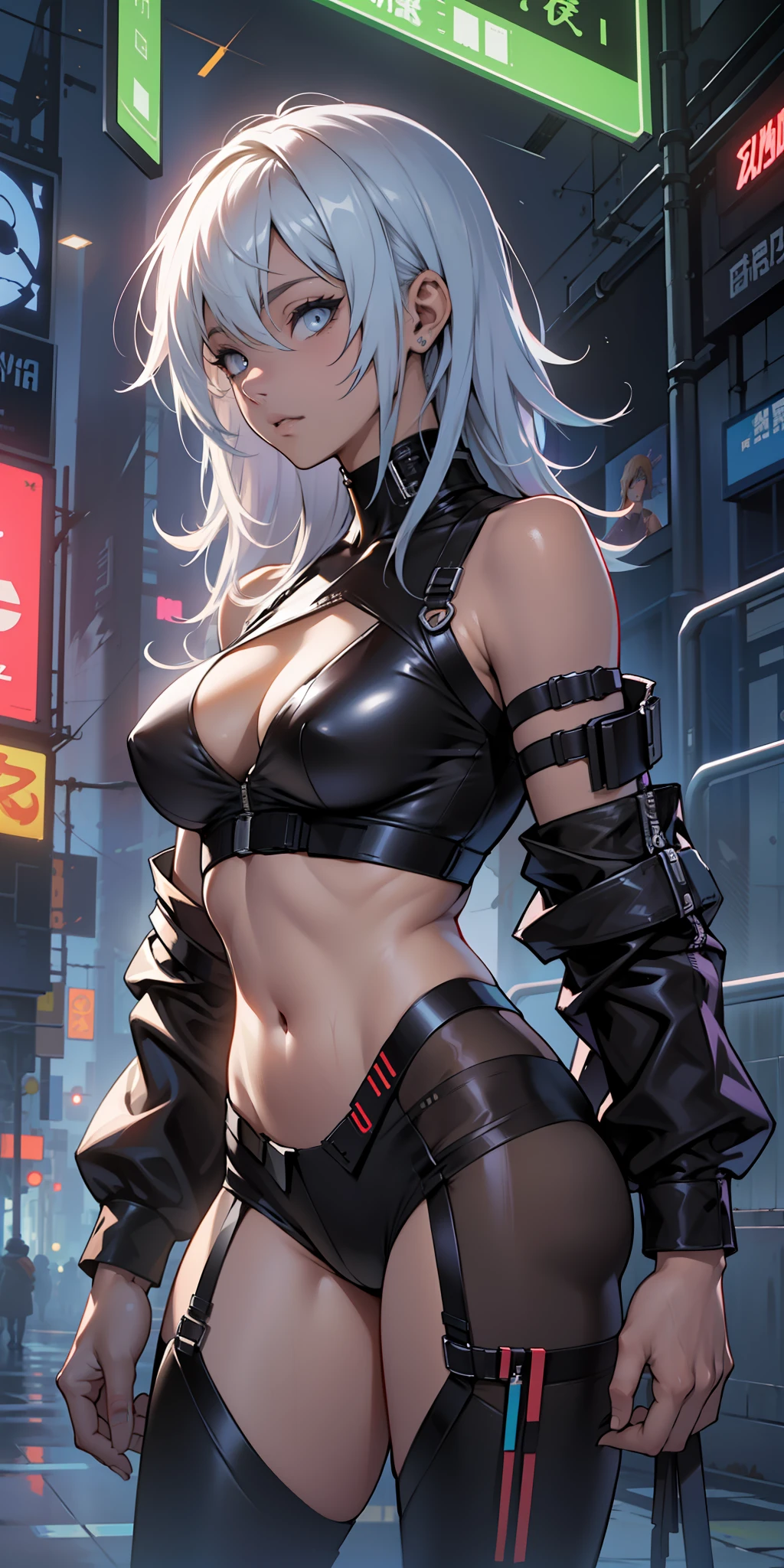 Mulher cyberpunk com pele escura e olhos azuis e cabelo castanho curto, vestindo uma blusa branca folgada e um short de banho 8k_wallpaper, olhos extremamente detalhados, corpo extremamente detalhado, dedo extremamente detalhado, (grande obra de arte digital), (Detailed manga illustration), (arte detalhada), ((perfeito)) anatomia, BETTER HANDS)), (detalhes intrincados:1.3), (ultra-detalhado:1.3), (illustration:1.3), (foco nítido:1.3), ( natural  lightting:1.05), (cores vivas:1.3), Modelo: Break Domain