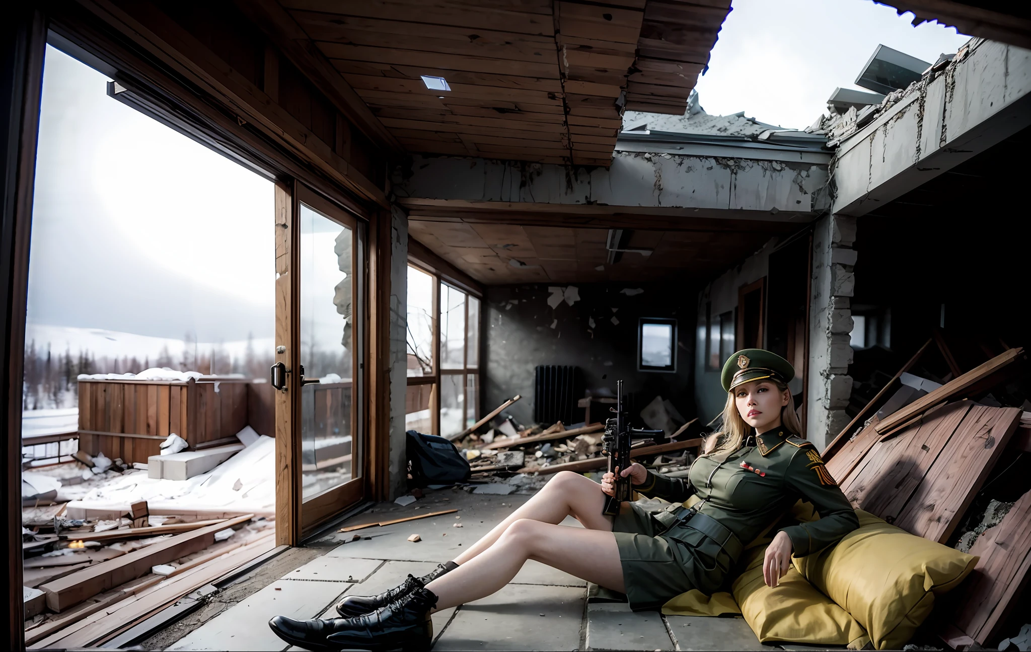 (realistic:1.3), finely detailed, quality, rembrandt lighting, Soviet female soldier Resting below a destroyed building in siberia, sitting with leg crossing, cinematic, drama, documentation, realistic, sharp detail, masterpiece of photography, dramatic, holding a mosin Nagant, one picture, big breast, dynamic view