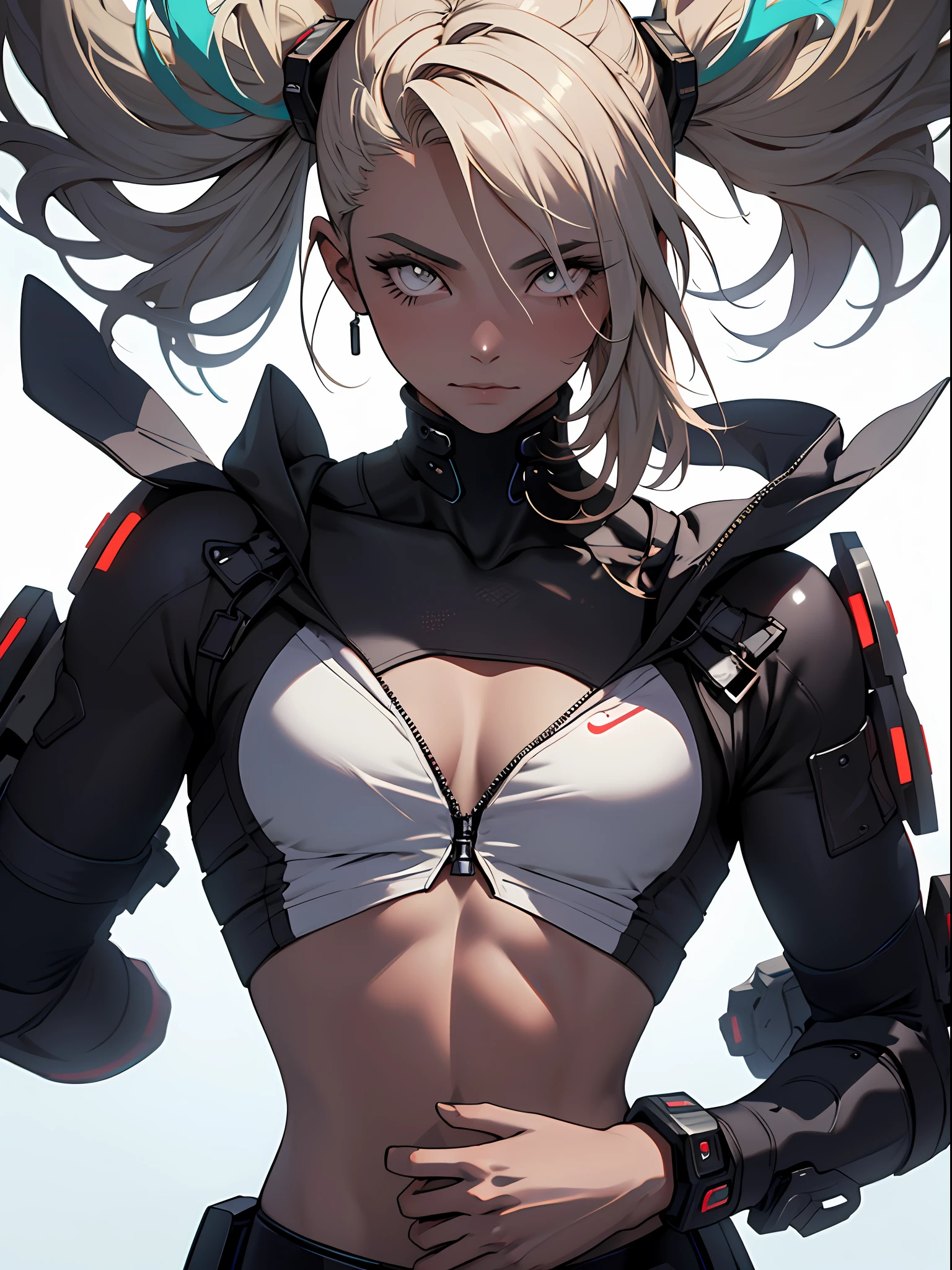 Mulher cyberpunk com pele escura e olhos azuis e cabelo castanho curto, vestindo uma blusa branca folgada e um short de banho 8k_wallpaper, olhos extremamente detalhados, corpo extremamente detalhado, dedo extremamente detalhado, (grande obra de arte digital), (Detailed manga illustration), (arte detalhada), ((perfeito)) anatomia, BETTER HANDS)), (detalhes intrincados:1.3), (ultra-detalhado:1.3), (illustration:1.3), (foco nítido:1.3), ( natural lightting:1.05), (cores vivas:1.3), Modelo: Break Domain