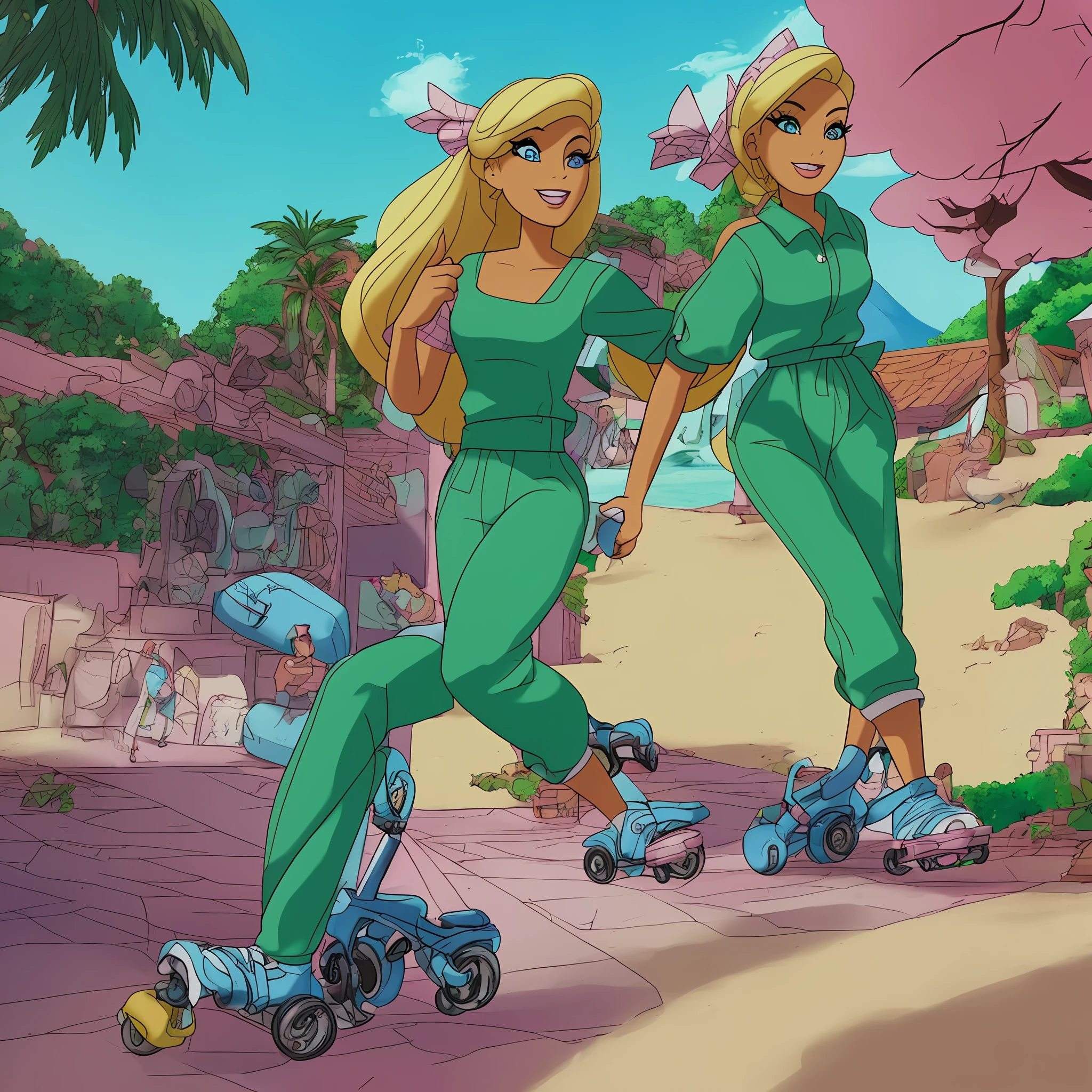 Make another scene with the same style, barbie is in a 90s green and pink jumpsuit and rollerblades of same colors, shes having fun, the background is a beach and shes enjoying herself