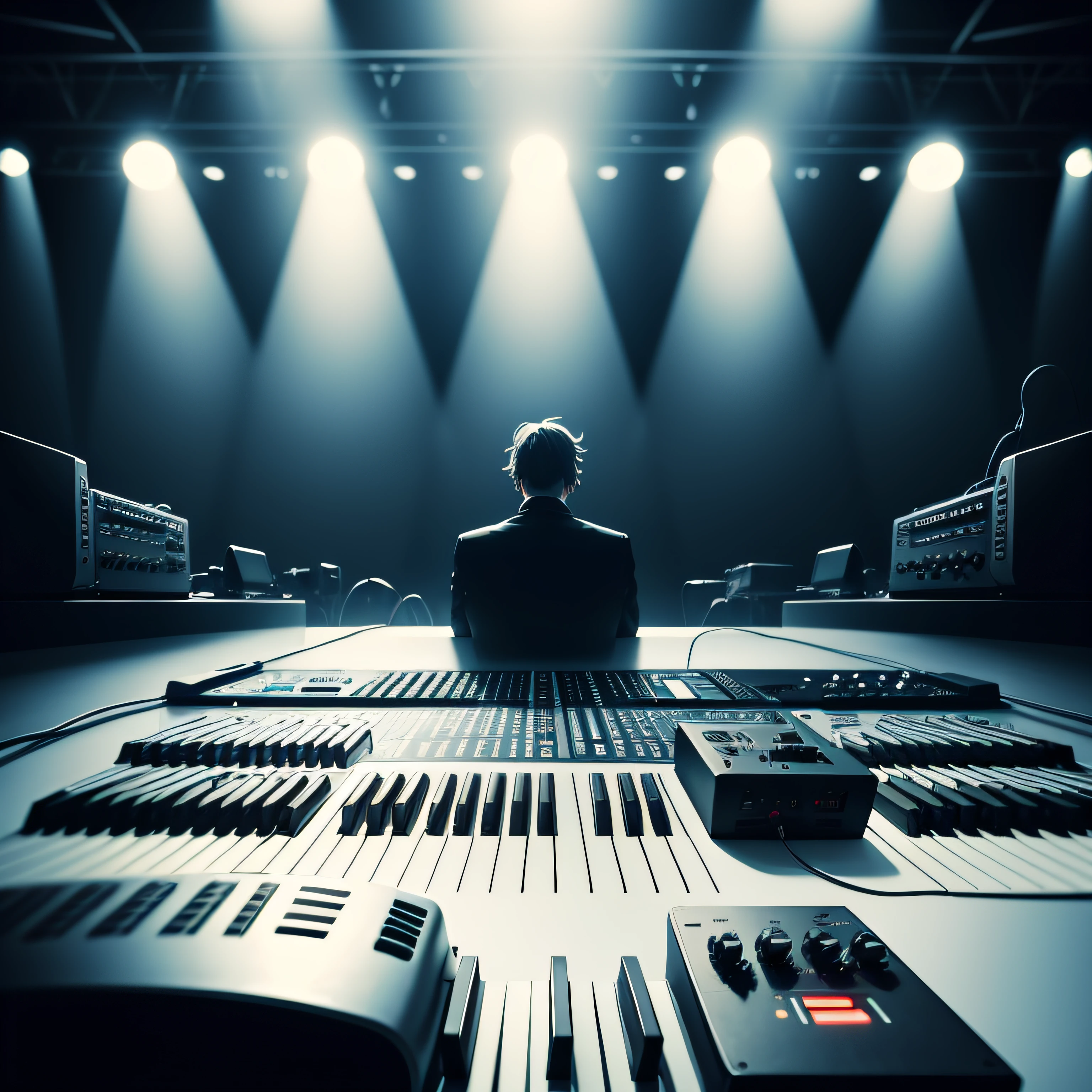 Two synthesizer bass keyboards facing each other from a distance on large empty smokey stage with one man silhouette between keyboards. closeup wide angle. cinematographic --auto