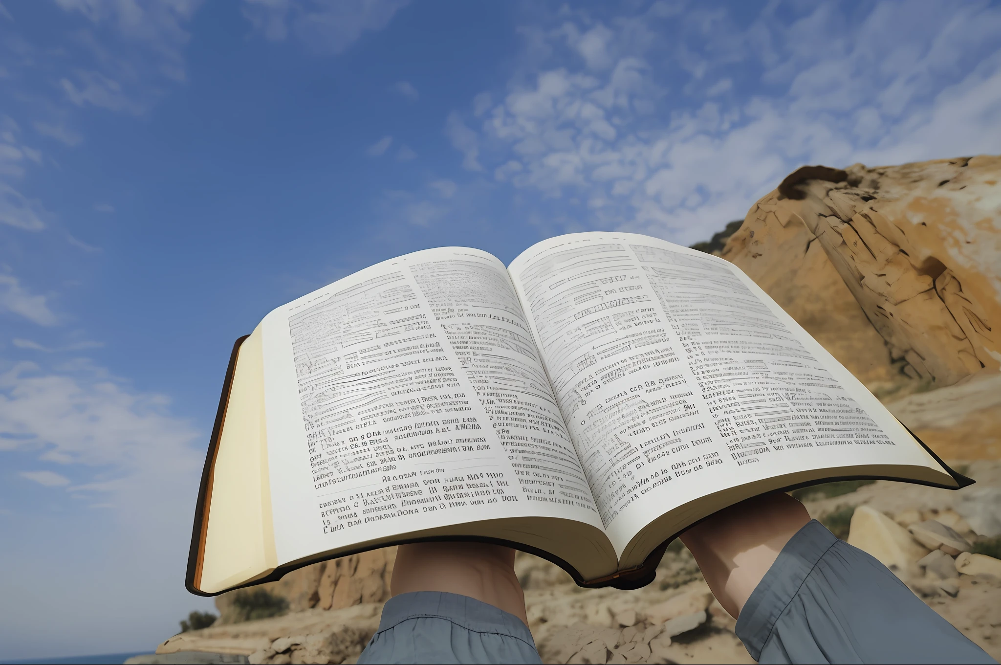 someone holding a book in their hands with a sky background, bible illustration, Bible, Antigo Testamento, leitura, book in hand, segurando um livro gigante, foto - shot, um tiro largo e cheio, um livro aberto, bem editado, scenic full shot, grande livro aberto, imagem de alta qualidade", biblical image, biblical, bottom angle, Segurando um livro, foto de tiro largo