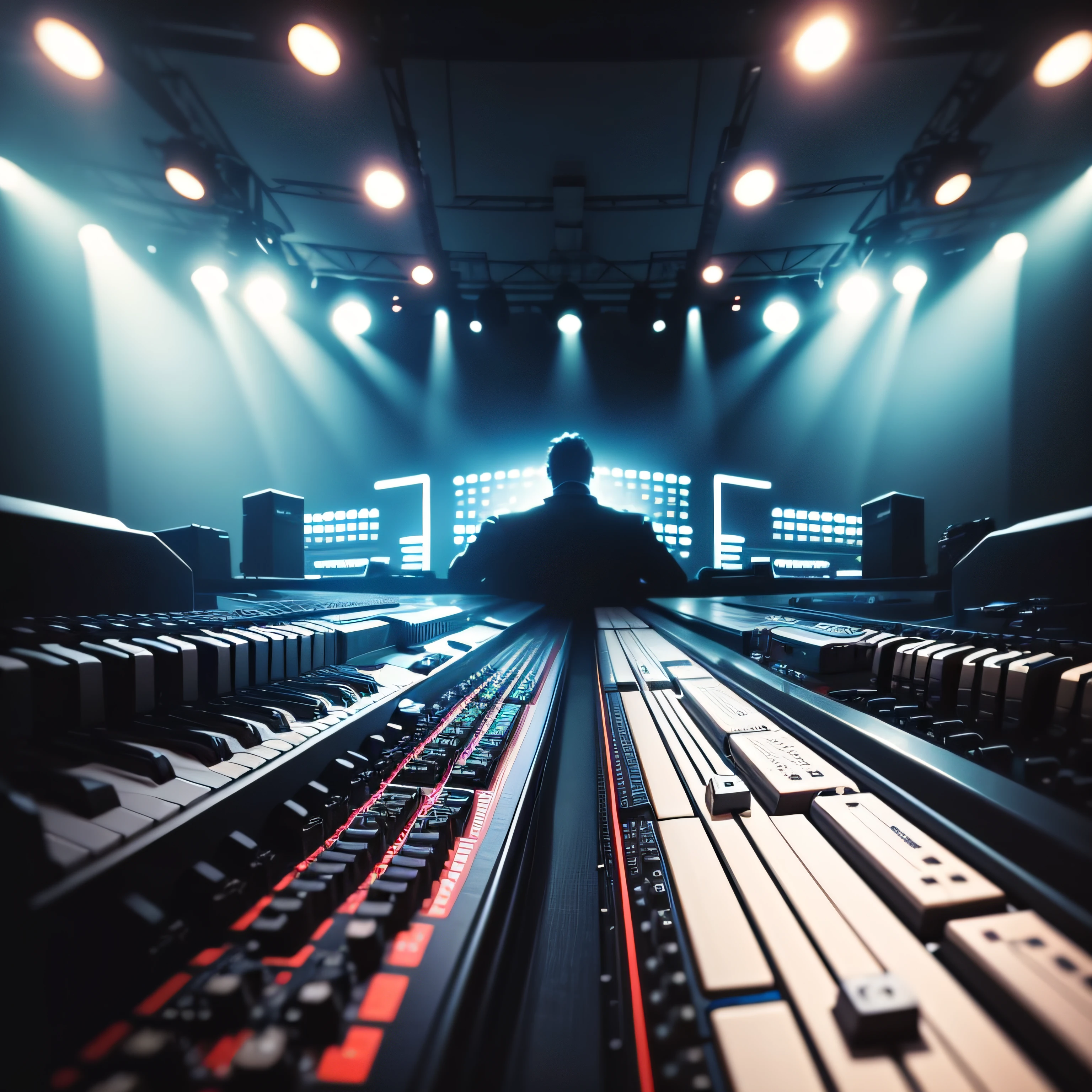 Two synthesizer bass keyboards facing each other from a distance on large empty smokey stage with one man silhouette between keyboards. closeup wide angle. cinematographic --auto