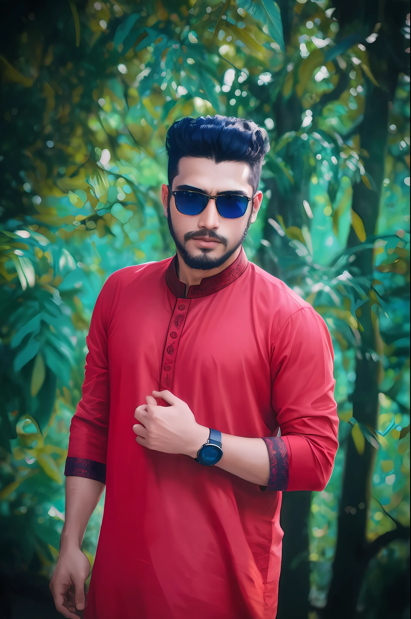 araffe man in red shirt and sunglasses standing in front of trees, assamese aesthetic, wearing a kurta, mohamed chahin style, riyahd cassiem, wearing red attire, * colour splash *, ayan nag, handsome man, mohamed chahin, assamese, facebook post, inspired by Bikash Bhattacharjee, wearing a silk kurta