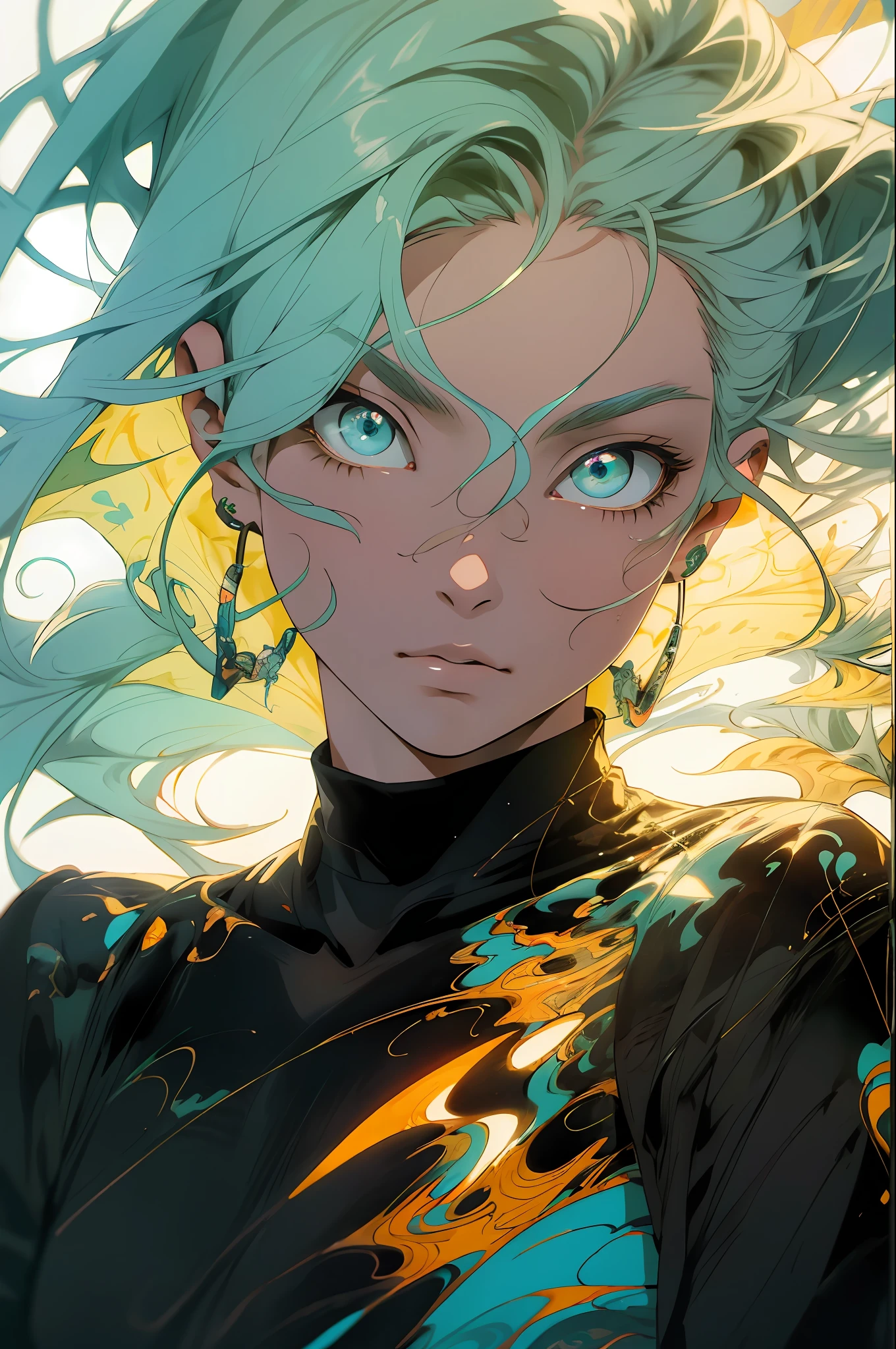Mulher cyberpunk com pele escura e olhos azuis e cabelo castanho curto, vestindo uma blusa branca folgada e um short de banho 8k_wallpaper, olhos extremamente detalhados, corpo extremamente detalhado, dedo extremamente detalhado, (grande obra de arte digital), (Detailed manga illustration), (arte detalhada), ((perfeito)) anatomia, BETTER HANDS)), (detalhes intrincados:1.3), (ultra-detalhado:1.3), (illustration:1.3), (foco nítido:1.3), ( natural lightting:1.05), (cores vivas:1.3), Modelo: Break Domain, Realista, (Obra-prima, Qualidade Superior, Melhor Qualidade, Arte Oficial, Beauty and Aesthetics: 1.2), Muito Detalhado, Arte Fractal, Colorido, Mais Detalhado, Zentangle, (Fundo abstrato: 1.5) (1menino: 1.3), Deus, Cabelo Curto, (Olhos Vermelhos Brilhantes), Misterioso, (Magia), Homem Bonito, Floresta de Bambu, Borboleta