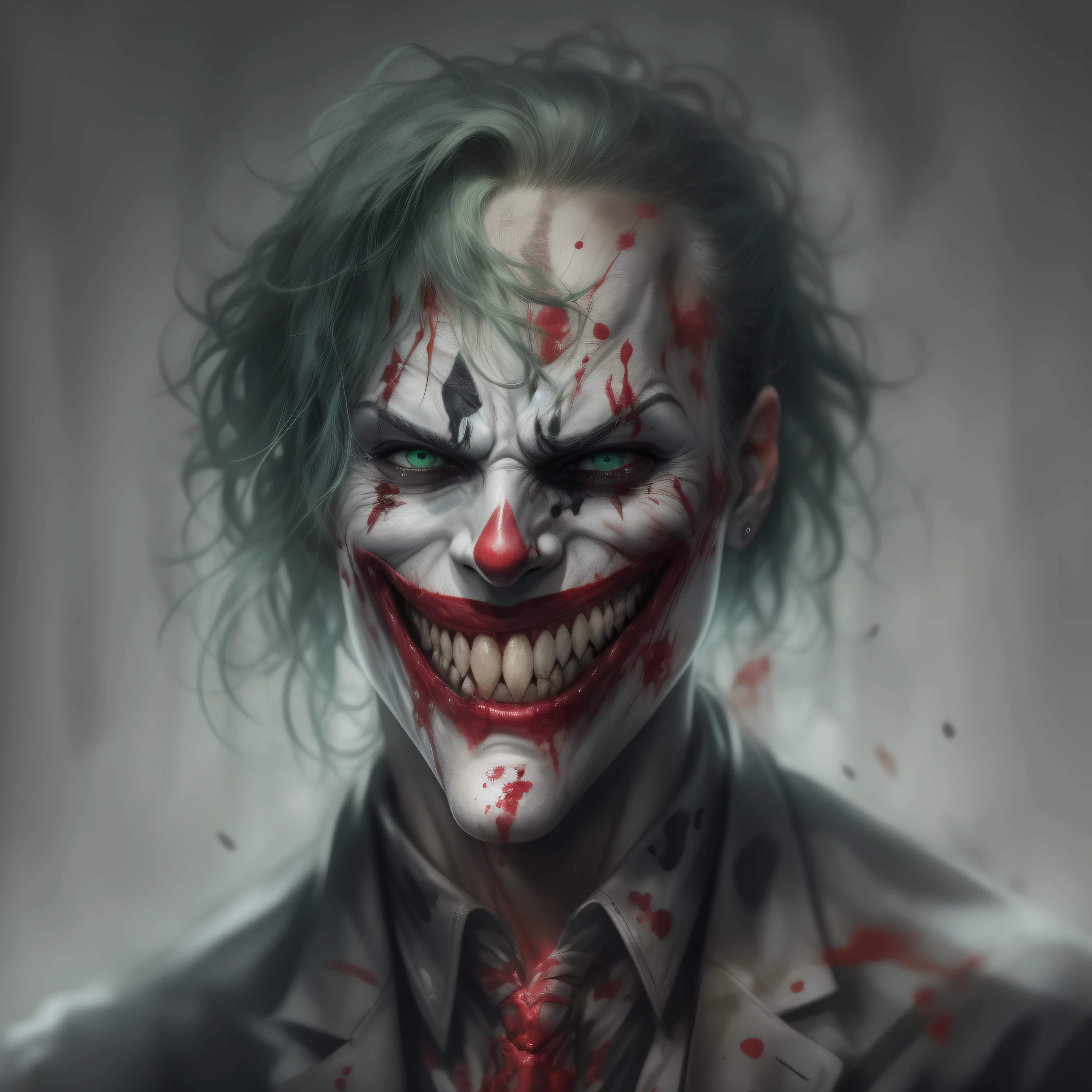 "Disfigured Joker mask, sorriso sinistro, blood tears, sombrio, qualidade excepcional, multiple scars on the face, cabelos verdes."