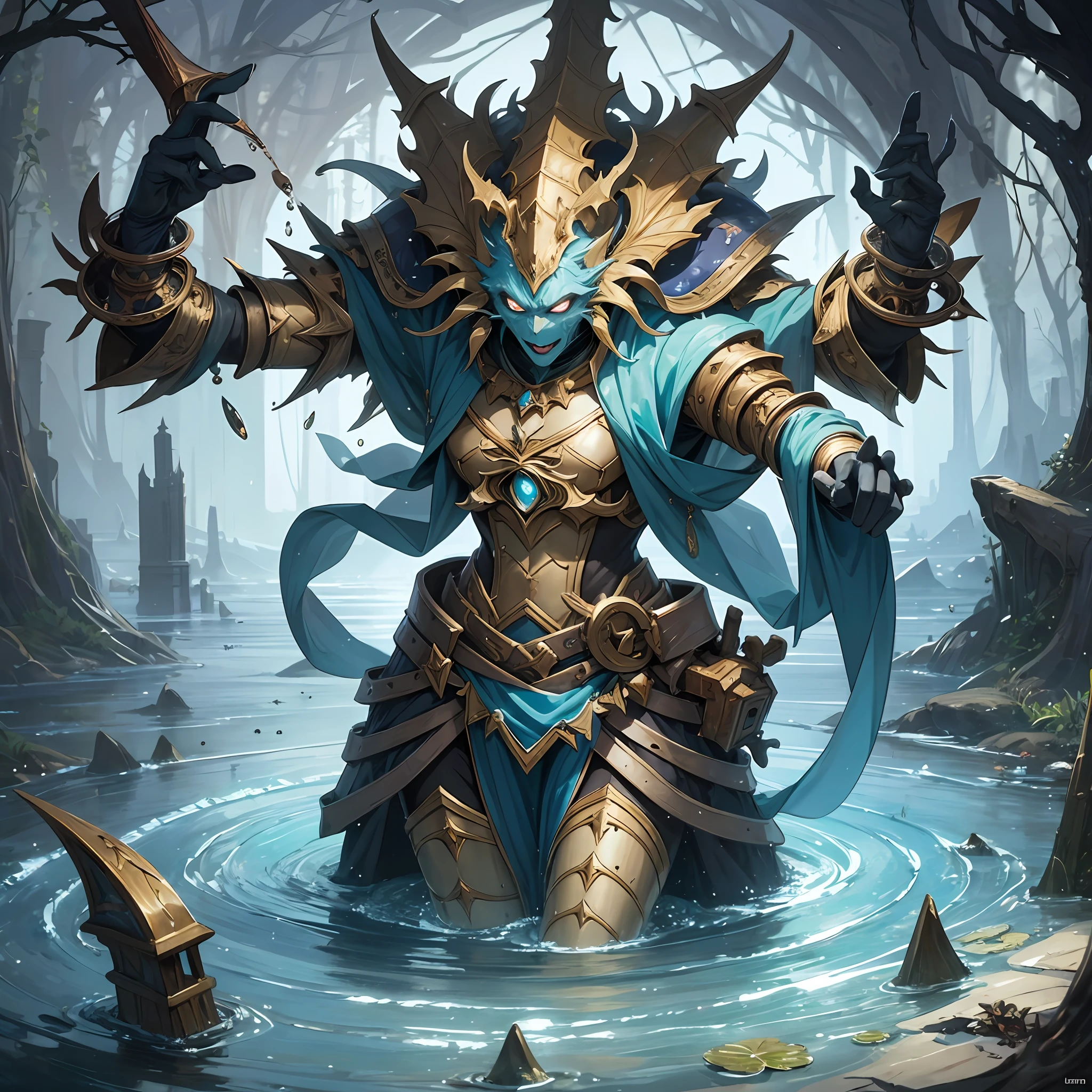 best qualtiy,tmasterpiece,Need,((A sealed demon water magician)),guarding,Water surrounds,supporting,Hearthstone painting style,Funny expressions,Non-human(Soil attribute 1.2),Flattening(1.4),Textured,Dark simple background --auto --s2