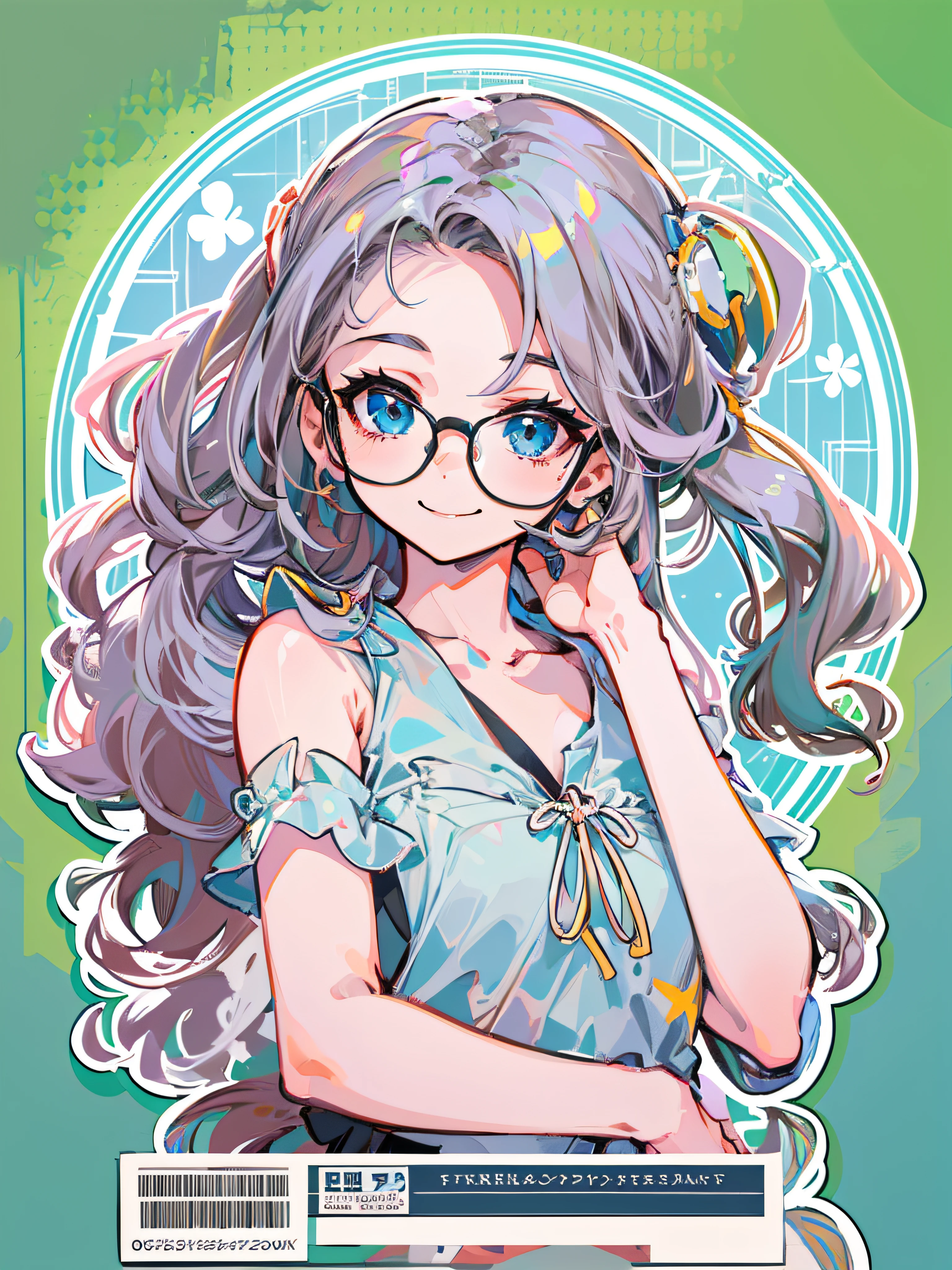 (masterpiece), best quality, ultra-detailed, ultra-cute anime girl head sticker, bright blue circle background, detailed drawing of a girl with a long hair style and glasses, smiling with an ultra-detailed vectorization and silhouette, high resolution 8k.