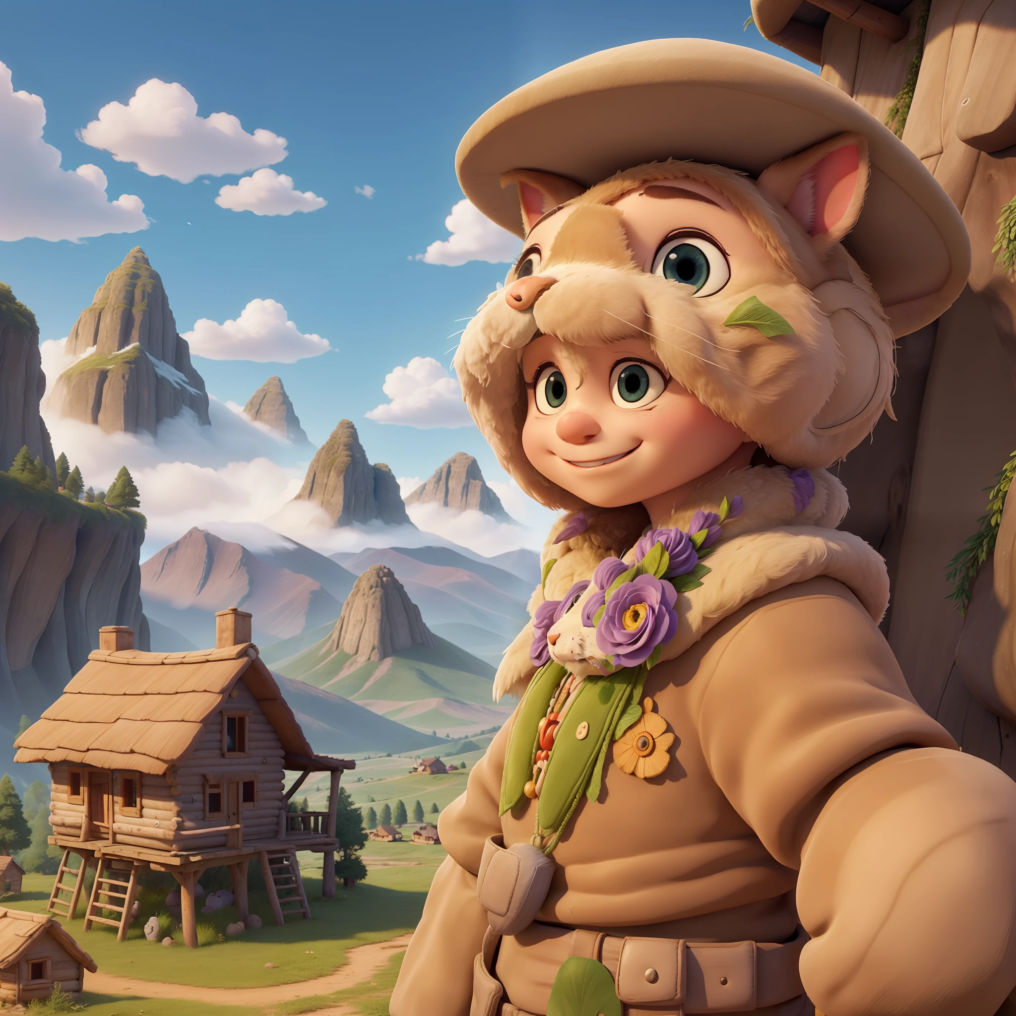 (Cute rabbit:1.2), One face, One horse、ssmile, Bushy smooth coat、personification, Mushroom cap on the head, rendered:(charicature:1.3,Production Movie, the pose:(Lively:1.2, amusing), modeled:(ultra-quality:1.2,8K,Orthographic view), blue-sky, for the background(Mountain huts and steppes:1.1),｛Complex and ultra-detailed, Giuseppe Arcimboldo｝