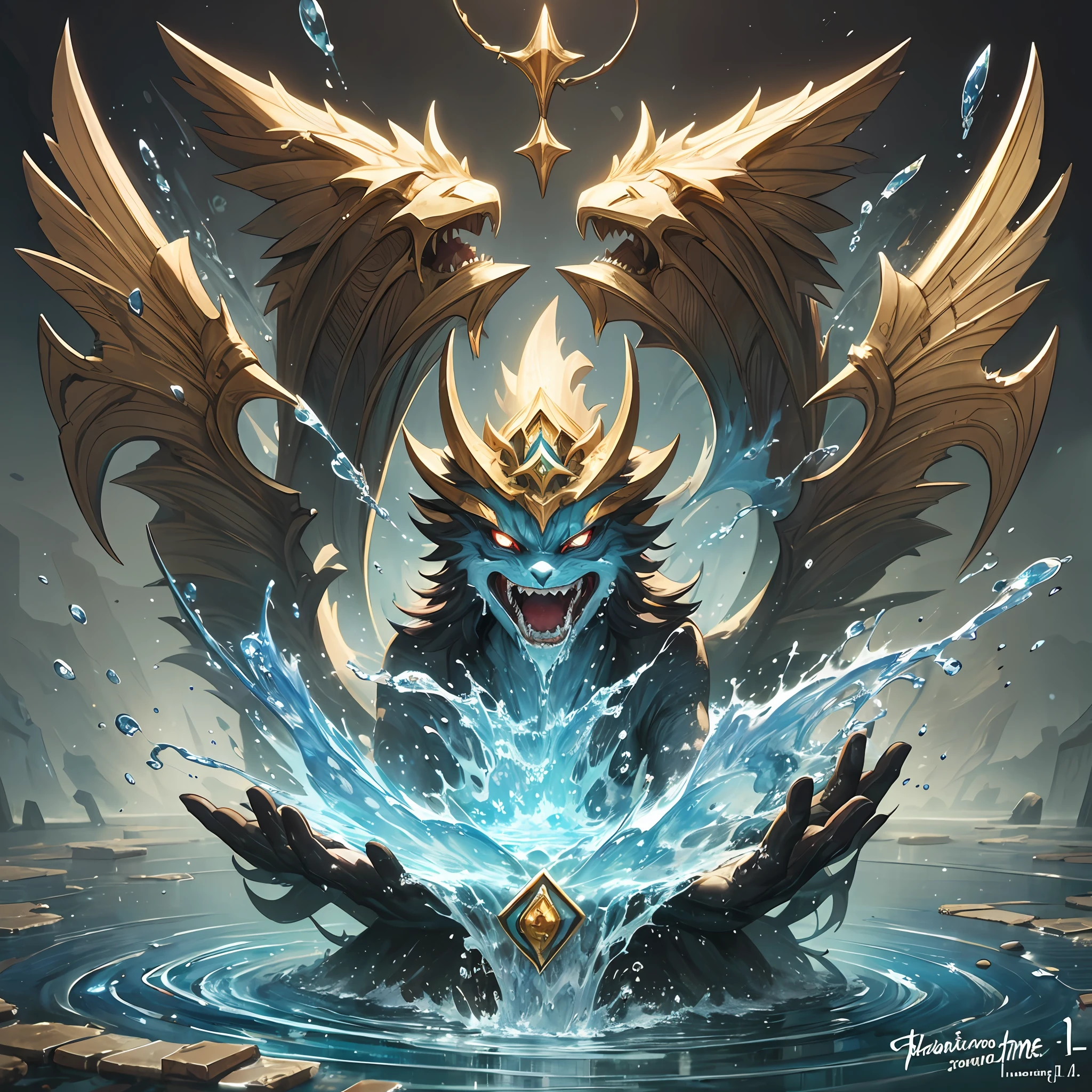 best qualtiy,tmasterpiece,Need,((A sealed demon water magician)),guarding,Water surrounds,supporting,Hearthstone painting style,Funny expressions,Non-human(Soil attribute 1.2),Flattening(1.4),Textured,Dark simple background --auto --s2