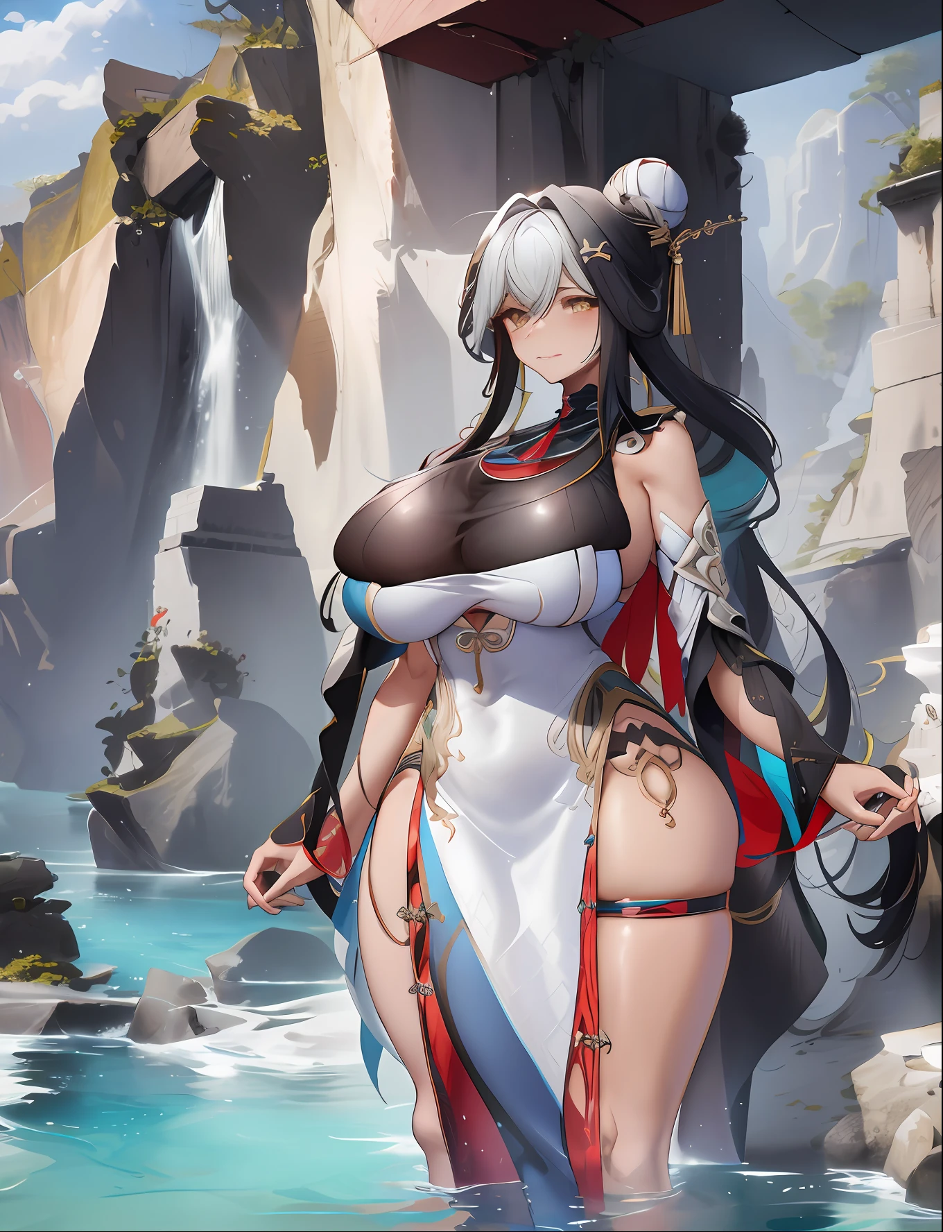 highres,official art,masterpiece,best quality,
1girl,solo,light smile,blush,garden,standing,from behind, hand on hip, 
large breasts,mature female, 
lingguang,china dress,(hair stick:1.2),、Full body like、Detailed face、Pose shooting、a large breast、big areola、Nipple and areola shape、A masterpie、Dark caves、On the water、Sparkling water、A ray of light、High Contrast、beste Quality、Top image quality、Mystical scene、Open legs、Thighs make them thinner、shinny skin、Yellow drops dripping from the crotch、restroom、Japanese-style toilet bowl、(blushes:1.0)、Tying the mouth、Squatting with M-shaped legs、Brown hair bun hair、Anatomically correct body