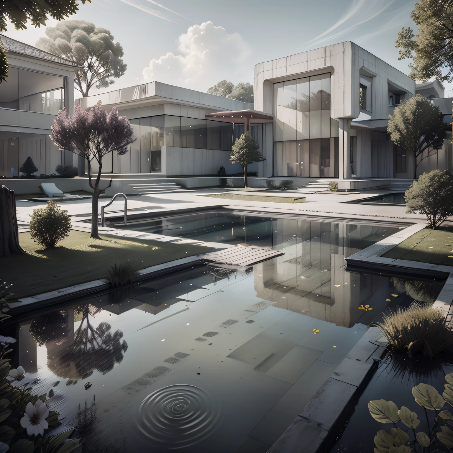 Organic modern architecture on a fairly large plot, from , there is a swimming pool in the middle of a large house of a flower, color of the house in chocolate brown and black beams, large modern residence, flat roofs and garden, render luxcore, render oktane, a photorealistic rendering, architectural rendering, mantra rendering, architectural rendering, realistic rendering, architectural visualization, wellness pool,  Architectural visualization, large green zones, with small zones of lavender flowers, green shrubs type lush green garden, as well as small water mirrors, swimming pool embedded in an area of sand, olive and pine trees around the house, paddle court next to the house