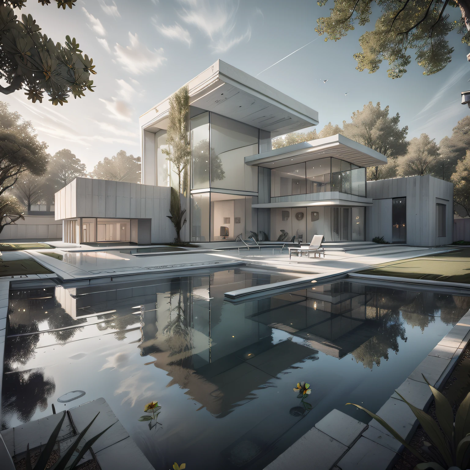 Organic modern architecture on a fairly large plot, from , there is a swimming pool in the middle of a large house of a flower, color of the house in chocolate brown and black beams, large modern residence, flat roofs and garden, render luxcore, render oktane, a photorealistic rendering, architectural rendering, mantra rendering, architectural rendering, realistic rendering, architectural visualization, wellness pool,  Architectural visualization, large green zones, with small zones of lavender flowers, green shrubs type lush green garden, as well as small water mirrors, swimming pool embedded in an area of sand, olive and pine trees around the house, paddle court next to the house