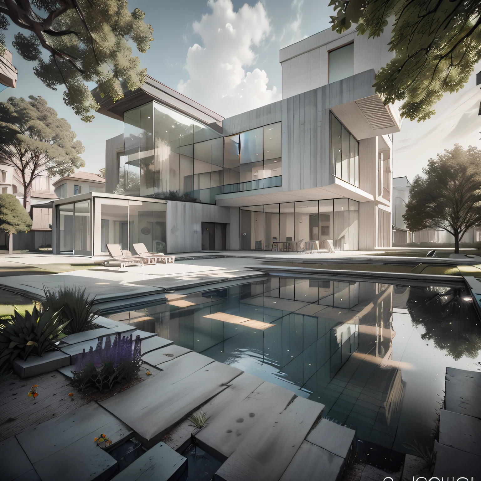 Organic modern architecture on a fairly large plot, from , there is a swimming pool in the middle of a large house of a flower, color of the house in chocolate brown and black beams, large modern residence, flat roofs and garden, render luxcore, render oktane, a photorealistic rendering, architectural rendering, mantra rendering, architectural rendering, realistic rendering, architectural visualization, wellness pool,  Architectural visualization, large green zones, with small zones of lavender flowers, green shrubs type lush green garden, as well as small water mirrors, swimming pool embedded in an area of sand, olive and pine trees around the house, paddle court next to the house