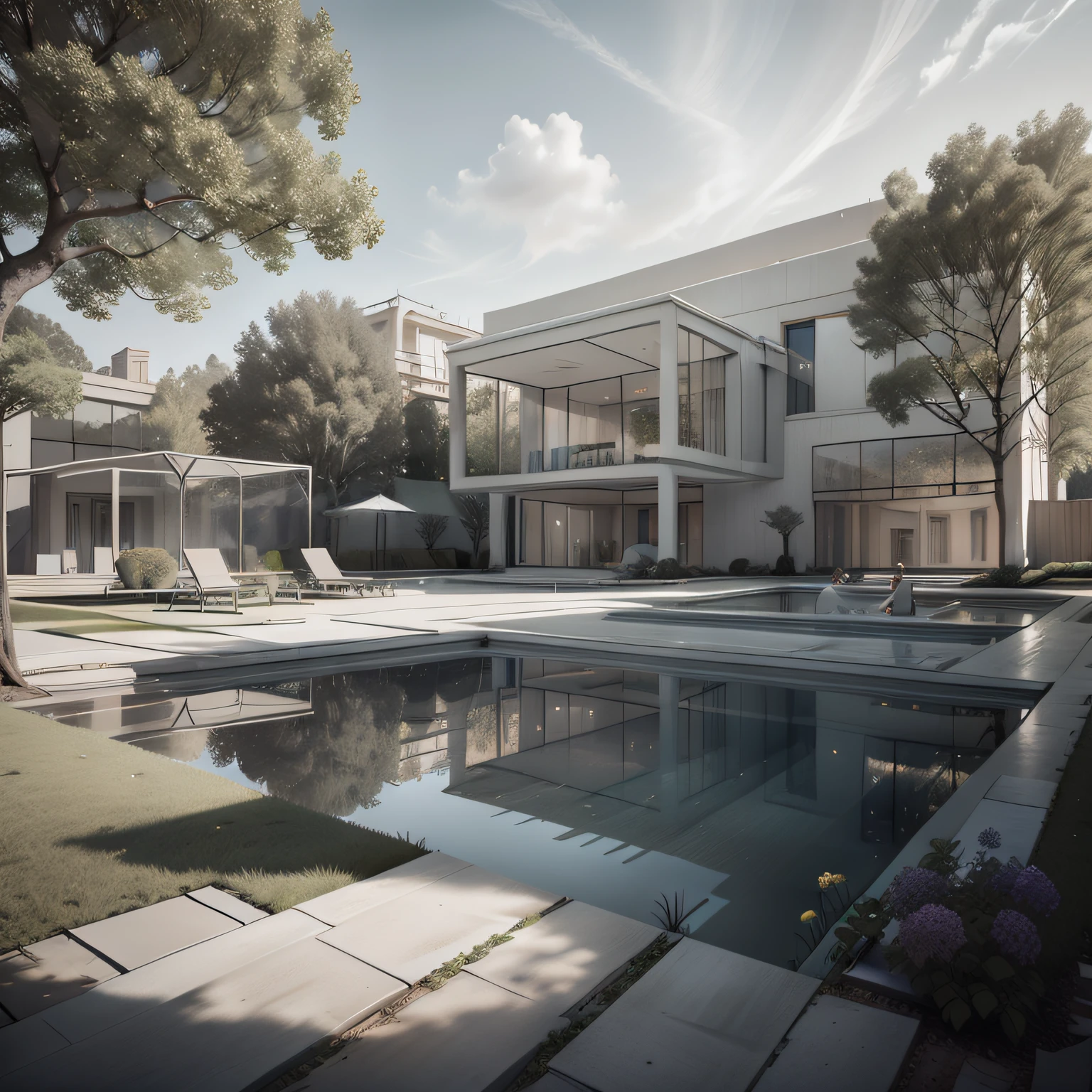 Organic modern architecture on a fairly large plot, from , there is a swimming pool in the middle of a large house of a flower, color of the house in chocolate brown and black beams, large modern residence, flat roofs and garden, render luxcore, render oktane, a photorealistic rendering, architectural rendering, mantra rendering, architectural rendering, realistic rendering, architectural visualization, wellness pool,  Architectural visualization, large green zones, with small zones of lavender flowers, green shrubs type lush green garden, as well as small water mirrors, swimming pool embedded in an area of sand, olive and pine trees around the house, paddle court next to the house