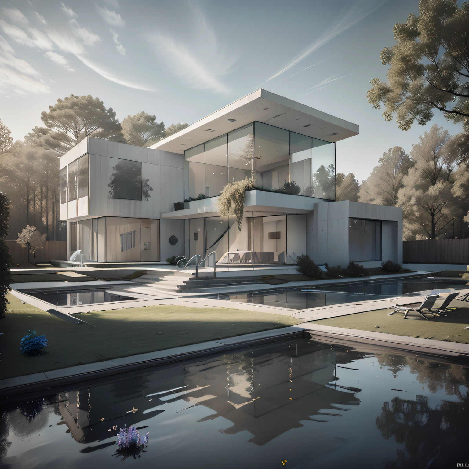 Organic modern architecture on a fairly large plot, from , there is a swimming pool in the middle of a large house of a flower, color of the house in chocolate brown and black beams, large modern residence, flat roofs and garden, render luxcore, render oktane, a photorealistic rendering, architectural rendering, mantra rendering, architectural rendering, realistic rendering, architectural visualization, wellness pool,  Architectural visualization, large green zones, with small zones of lavender flowers, green shrubs type lush green garden, as well as small water mirrors, swimming pool embedded in an area of sand, olive and pine trees around the house, paddle court next to the house